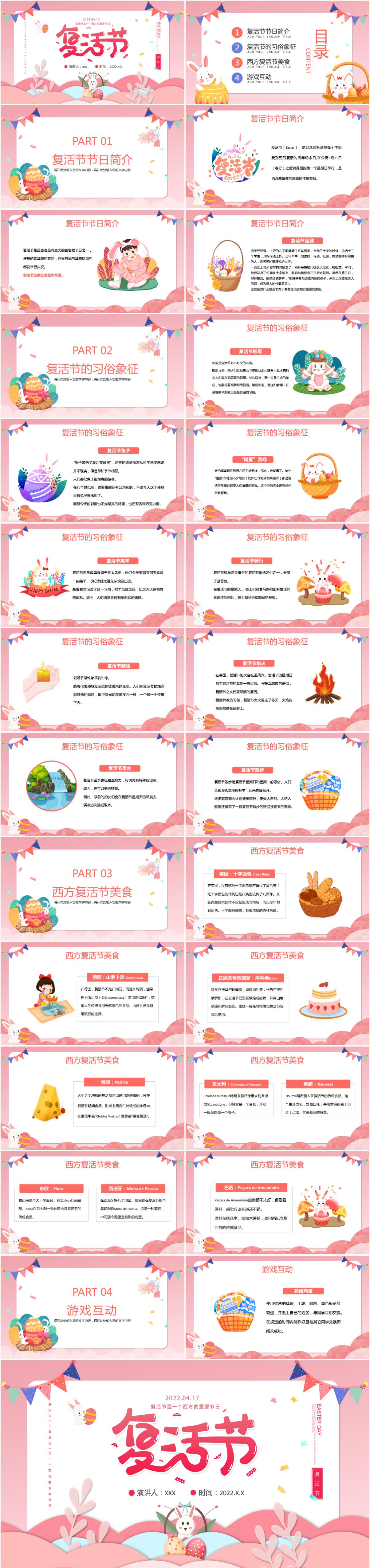 粉色卡通手绘复活节活动介绍ppt模板