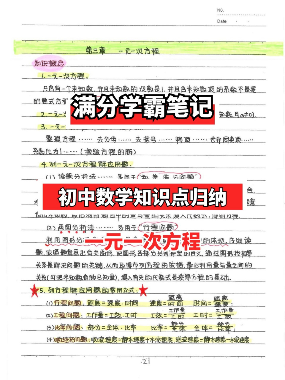 满分学霸数学笔记|一元一次方程知识点归纳 73只含有一个未知数