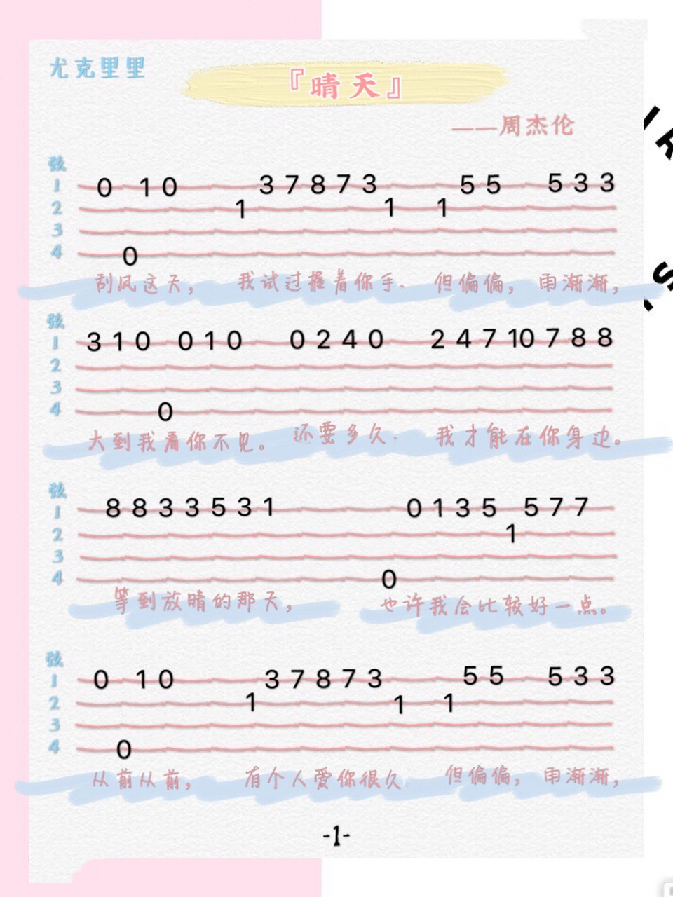 《晴天》周杰伦 尤克里里谱 指弹教程 超好听的歌曲,一分钟学会!