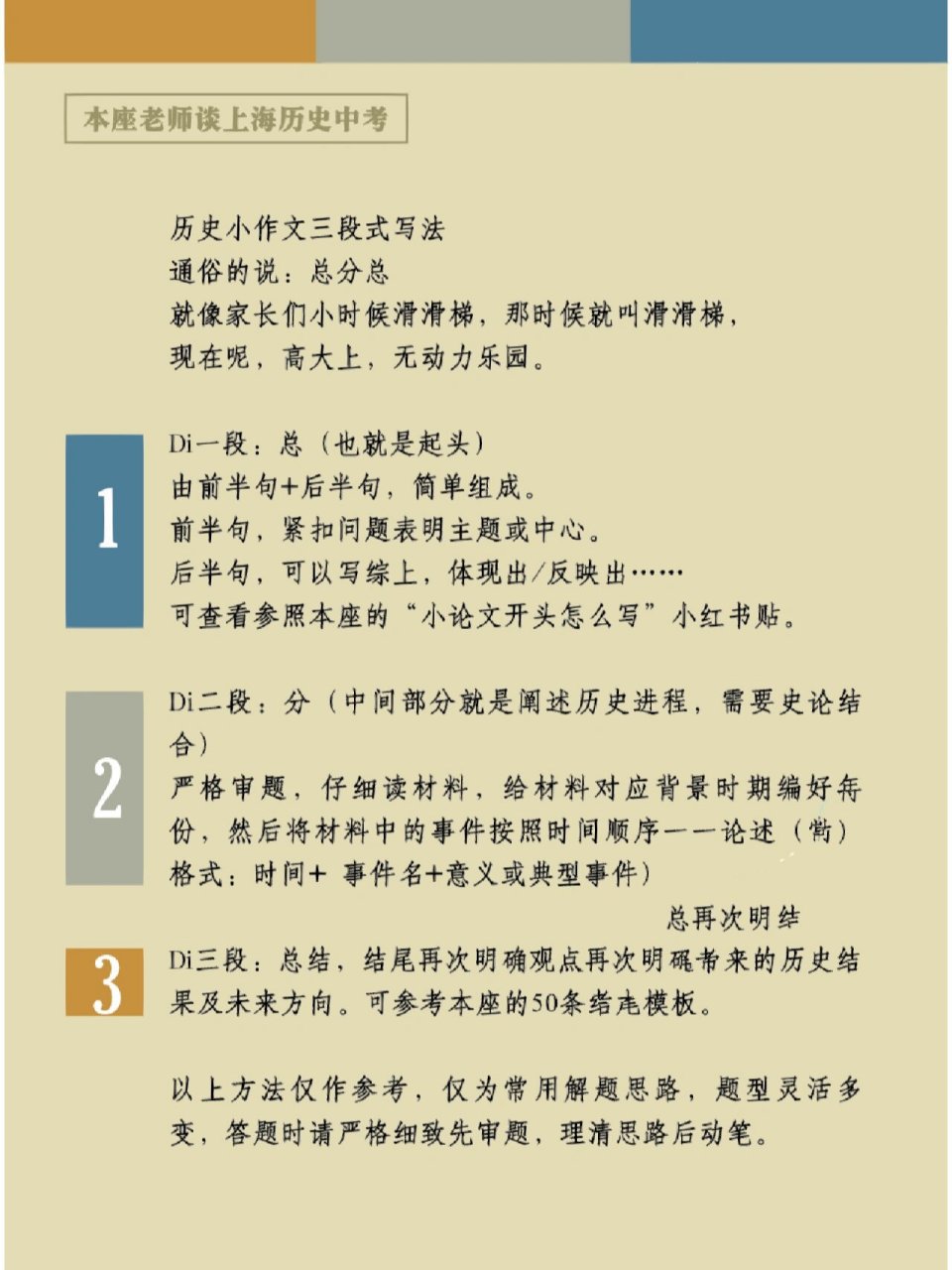 上海中考历史满分小作文技巧 总的答题原则:史论结合 历史小作文三段