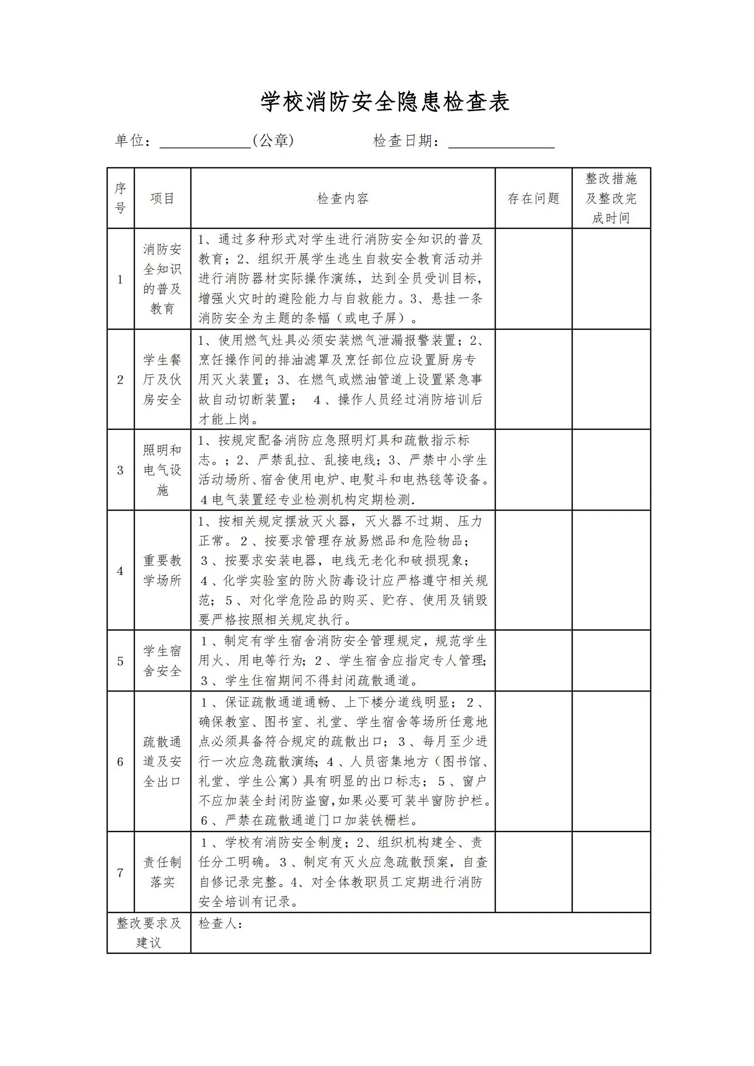 学校消防隐患排查表