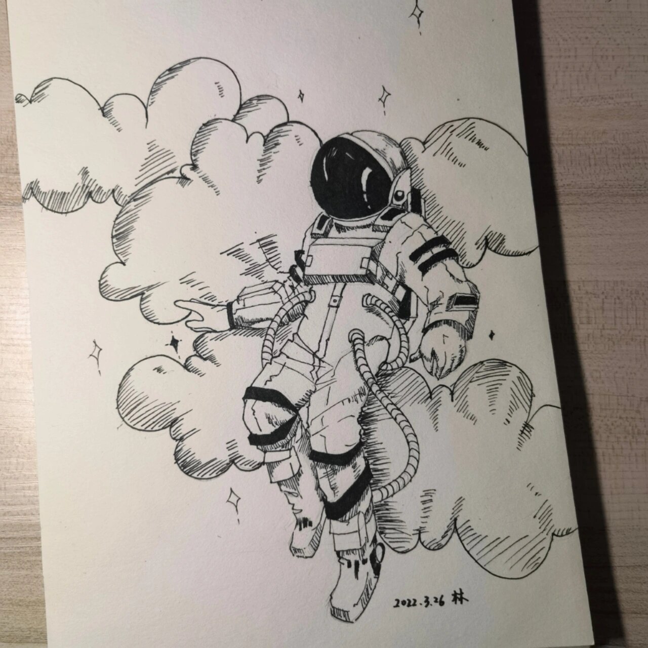 宇航员黑白线描|针管笔插画临摹 简笔画的宇航员孤独云端 "环游是无趣