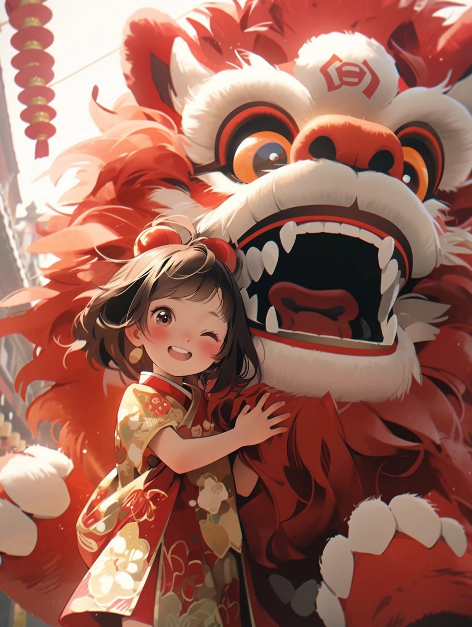 国风插画 |红色系醒狮女孩系列 03舞狮是中国传统文化,是驱 邪避灾