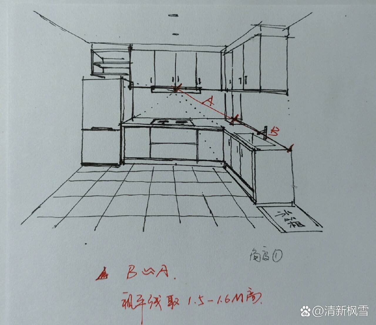 l型橱柜和u型橱柜不同角度手绘技巧分享