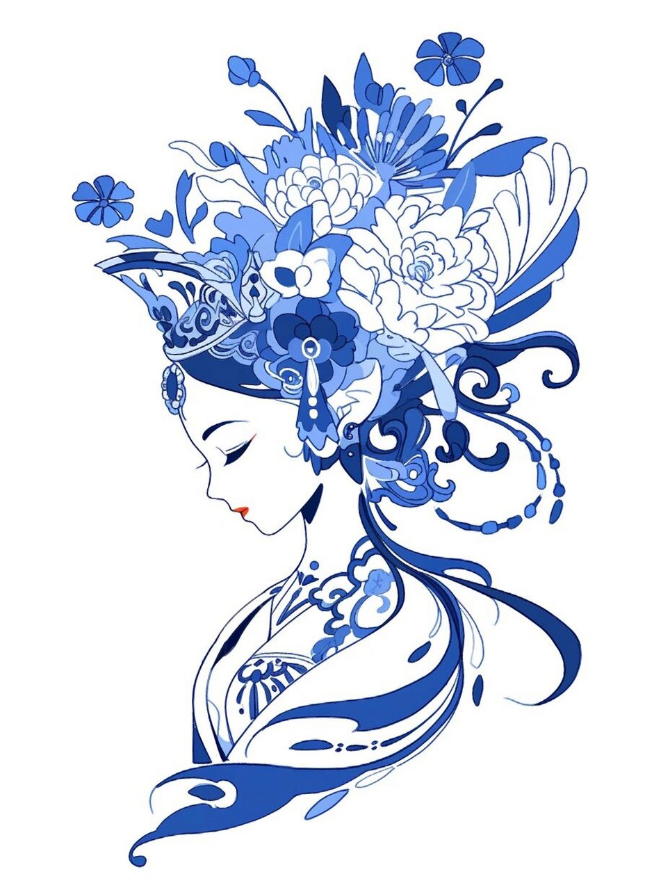 q版古风美人·青花瓷风简笔画  夏日滤镜