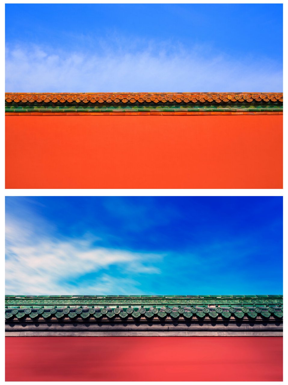 图,因为它的朱砂红,让人感到庄严又靓丽夺目 	 蓝色天空配着红墙绿瓦