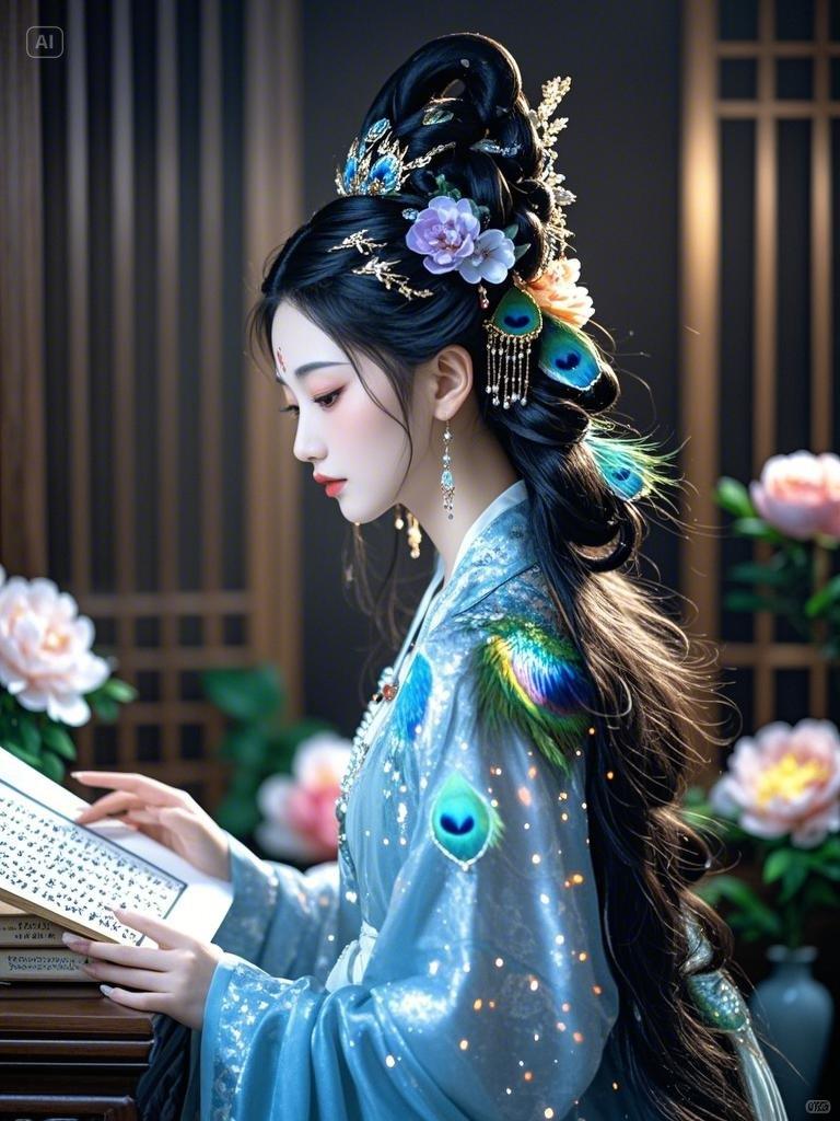 暗夜微光,新工笔,陈家冷,一位超凡脱俗的仙女,古风,梳着高高的云髻,插