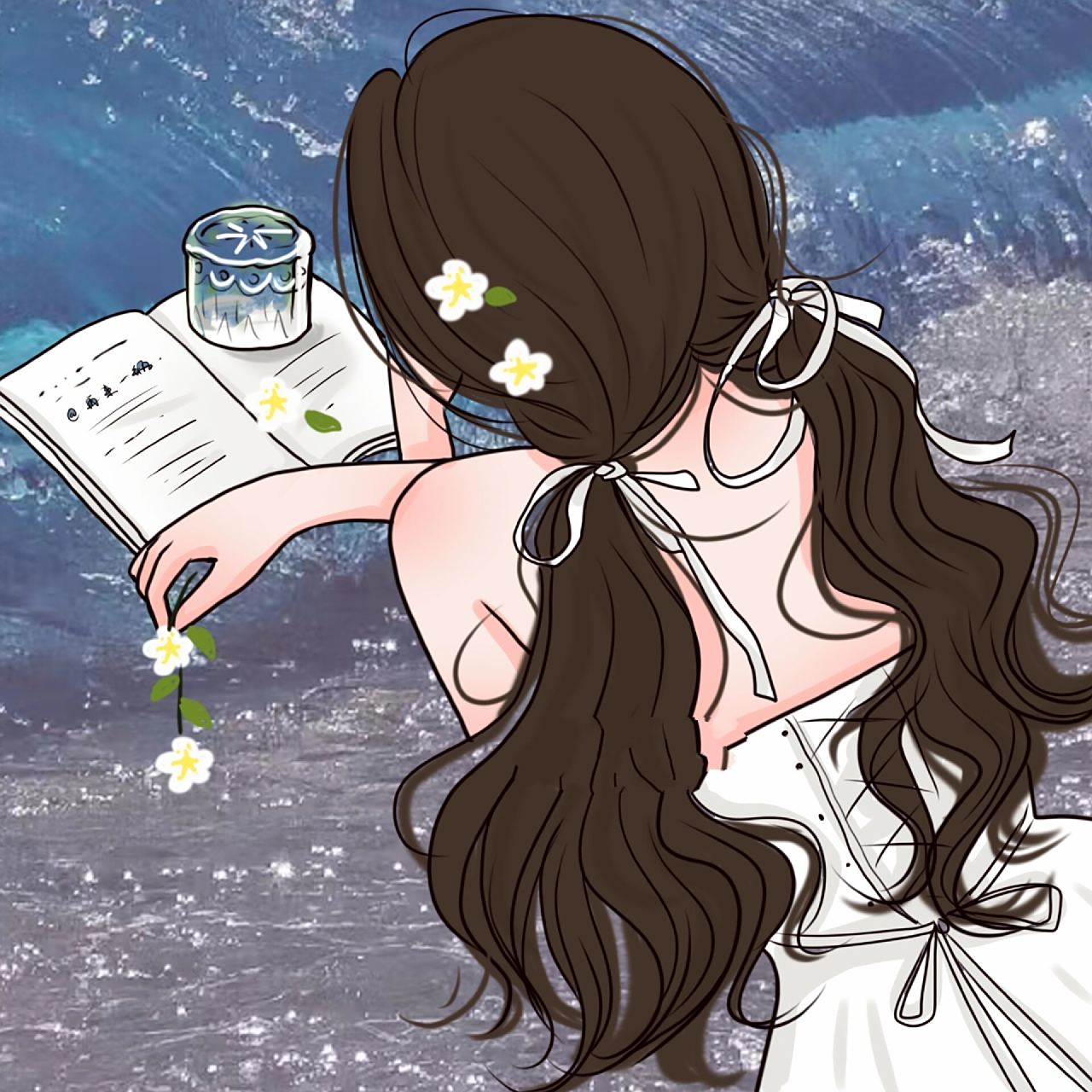 看书背影女孩手绘95 田园女生背影手绘 喜欢可用于个人头像和壁纸