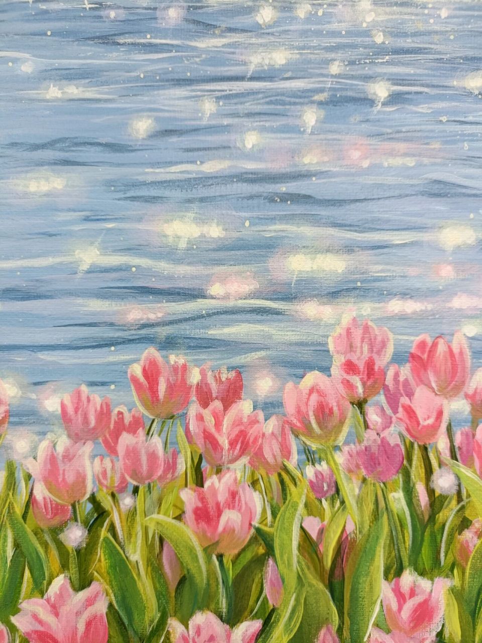 手绘丙烯画/郁金香花海/步骤图 尺寸:40*50cm 阴雨绵绵的冬天,画春日