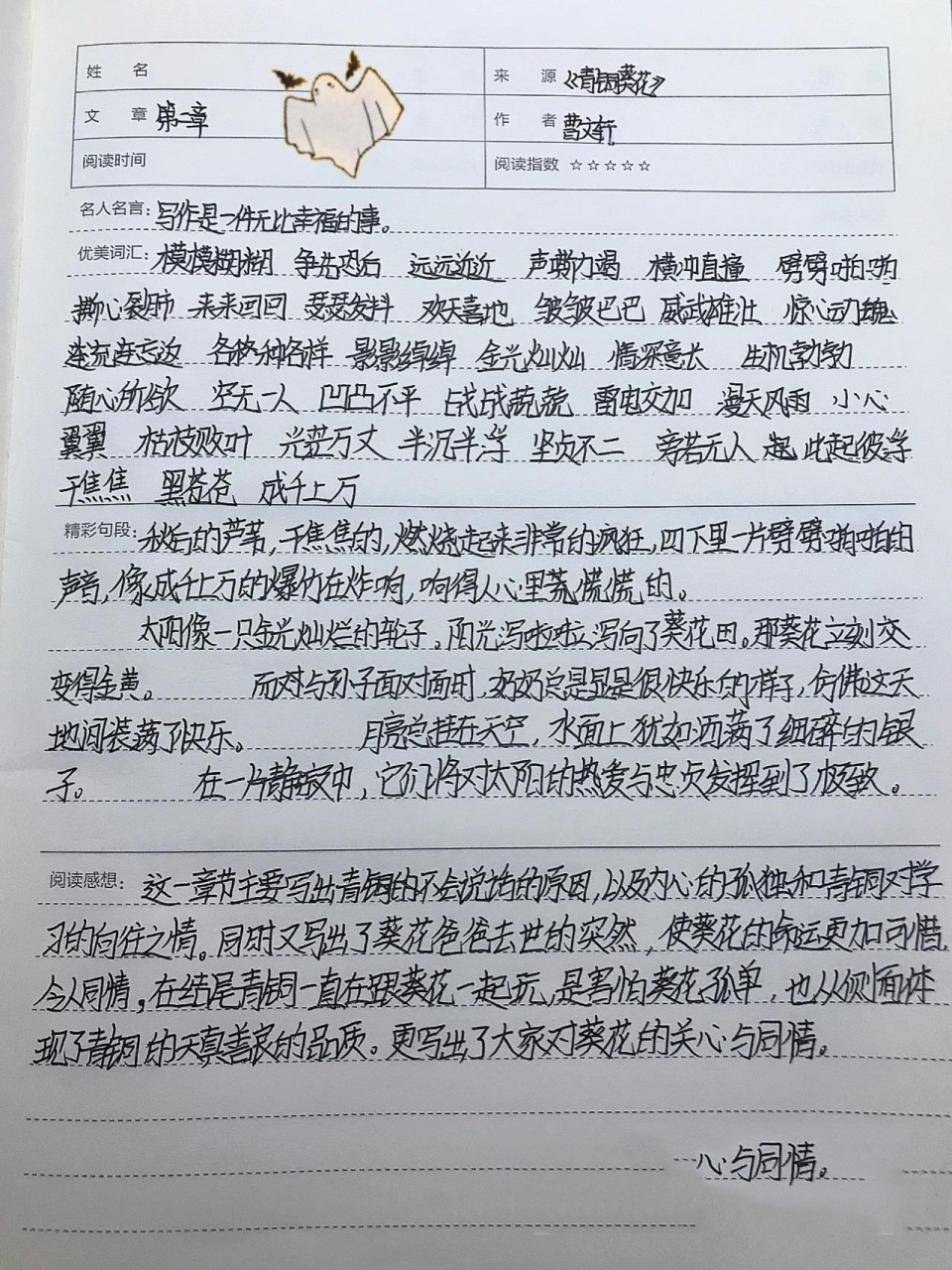 《青铜葵花》 读书笔记第二章 读书笔记