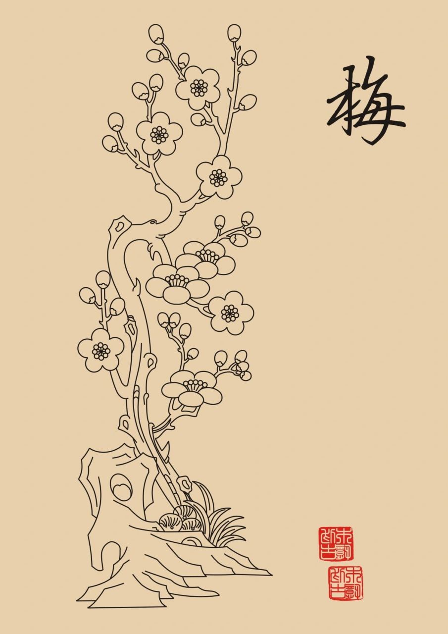 梅兰竹菊矢量线稿纹样 梅花 梅花又名五福花,是一种传统的中国花,也被