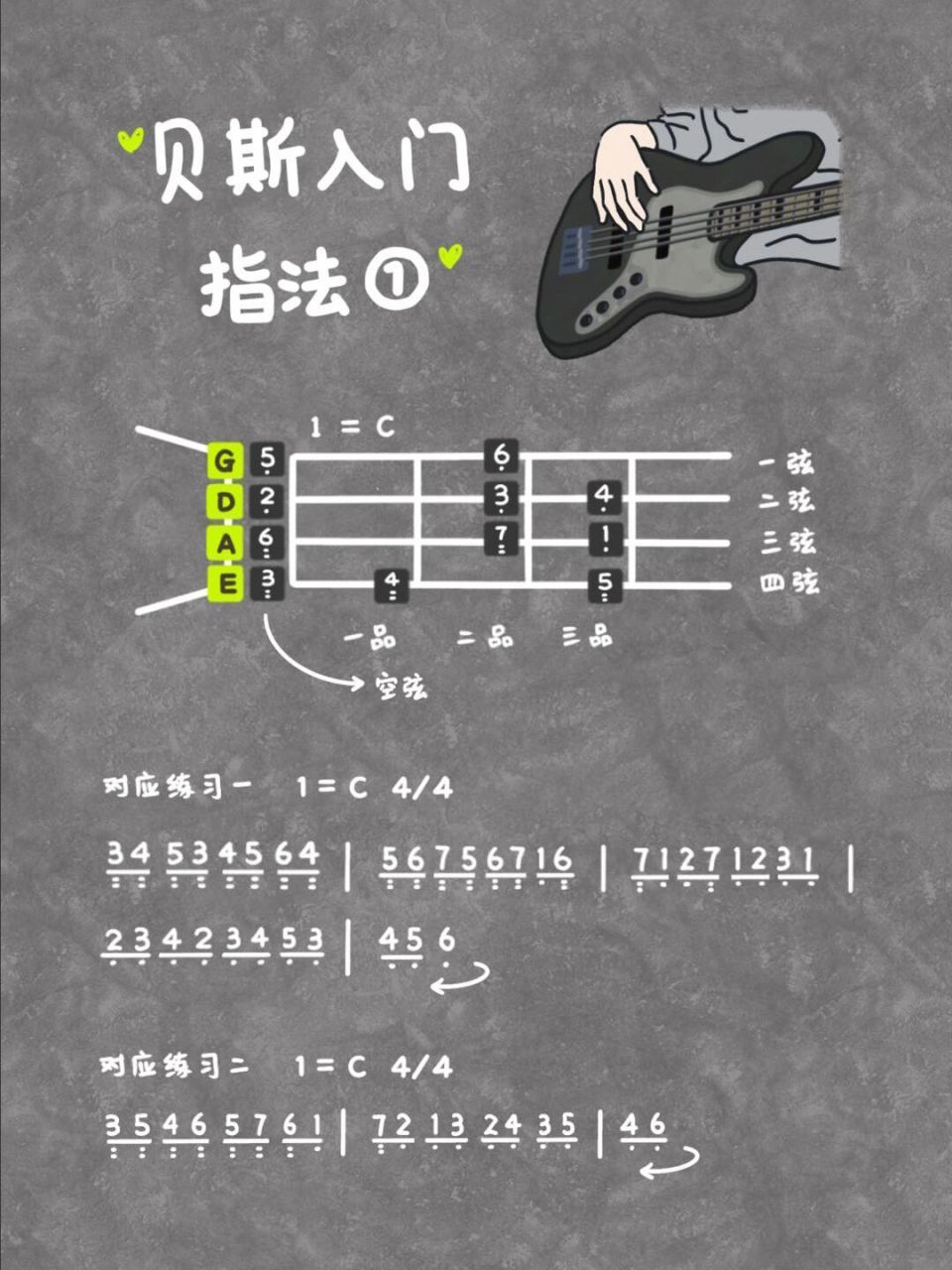 贝斯学习 |  指法①及对应练习 整理了贝斯零基础萌新的指法练习 贝斯