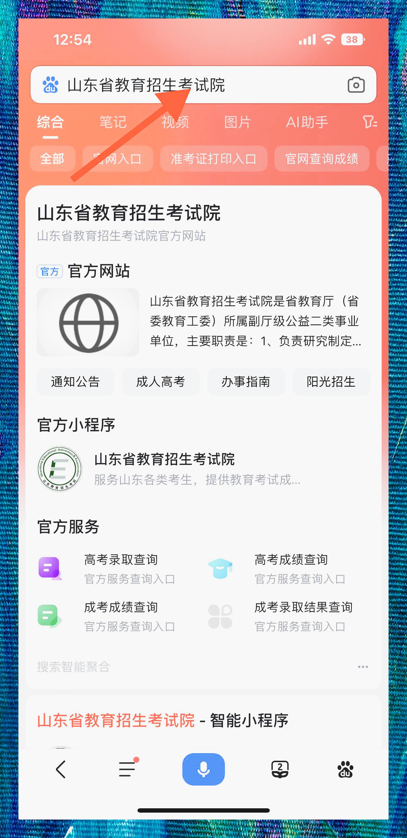 1 首先,打开浏览器(比如百度浏览器),搜索"山东省教育招生考试院