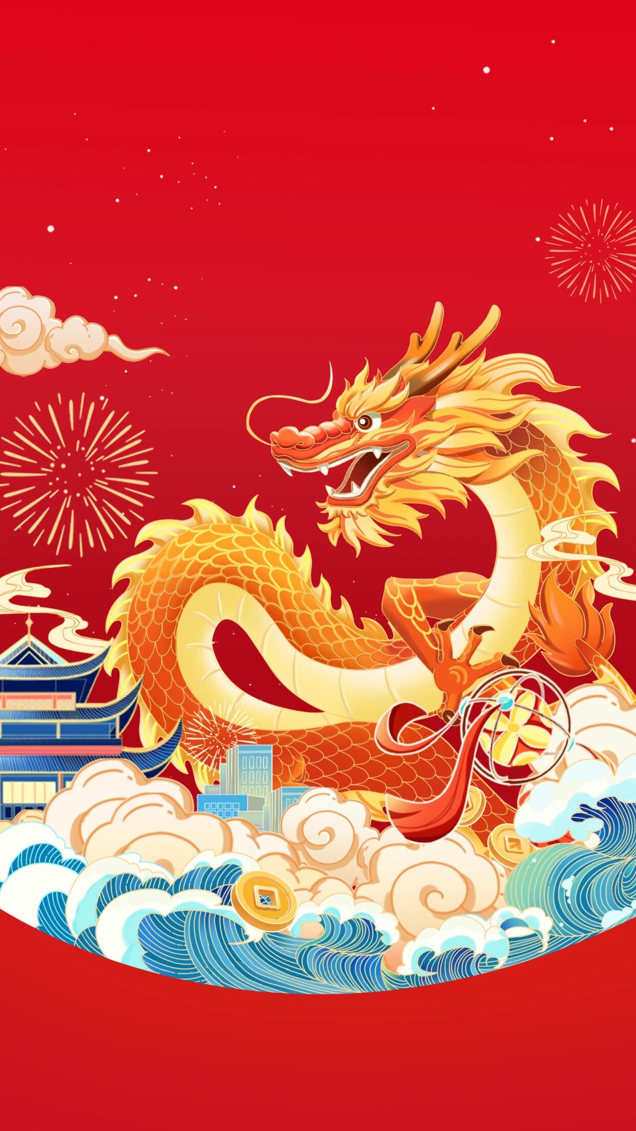 手绘插画龙新年海报背景壁纸分享