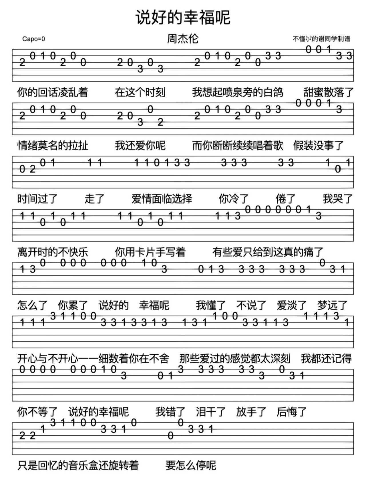 周杰伦《说好的幸福呢》新手指弹吉他谱