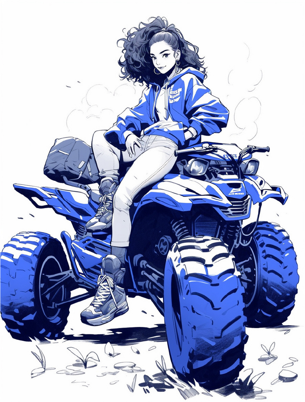 单色系-atv全地形四轮越野机车 以蓝色为单色的绘画, 展现了一位美