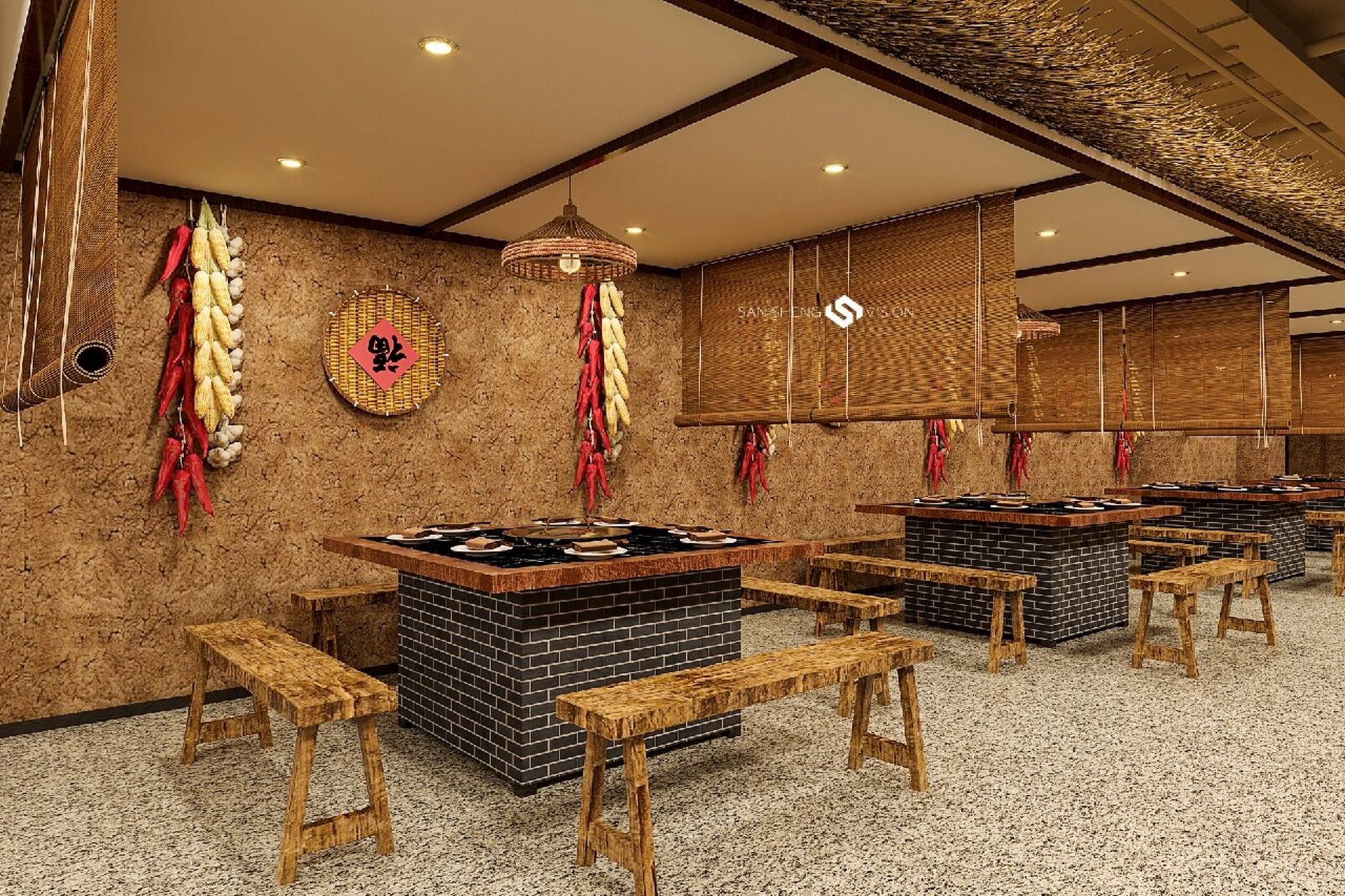 餐饮店效果图 柴火鸡特色案例 环境打造67满满农家小院氛围,围着