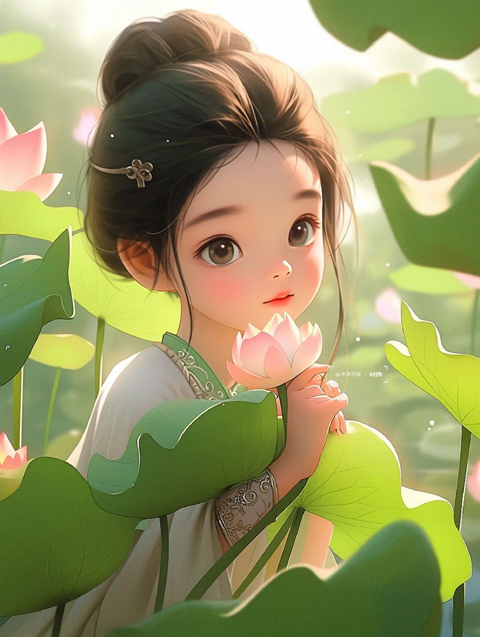 可爱的荷花女孩头像|古风汉服小女孩壁纸     