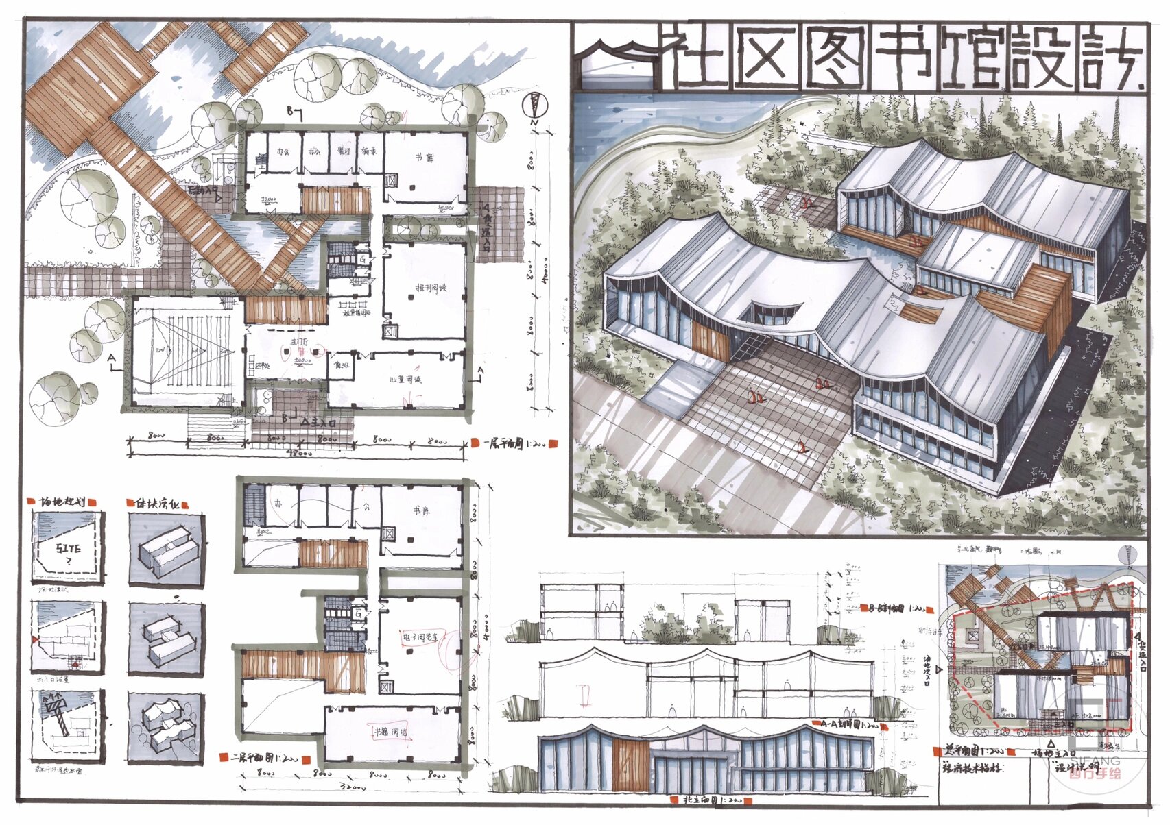 建筑考研快题|社区图书馆设计 四方手绘今天带来建筑考研图书馆快题