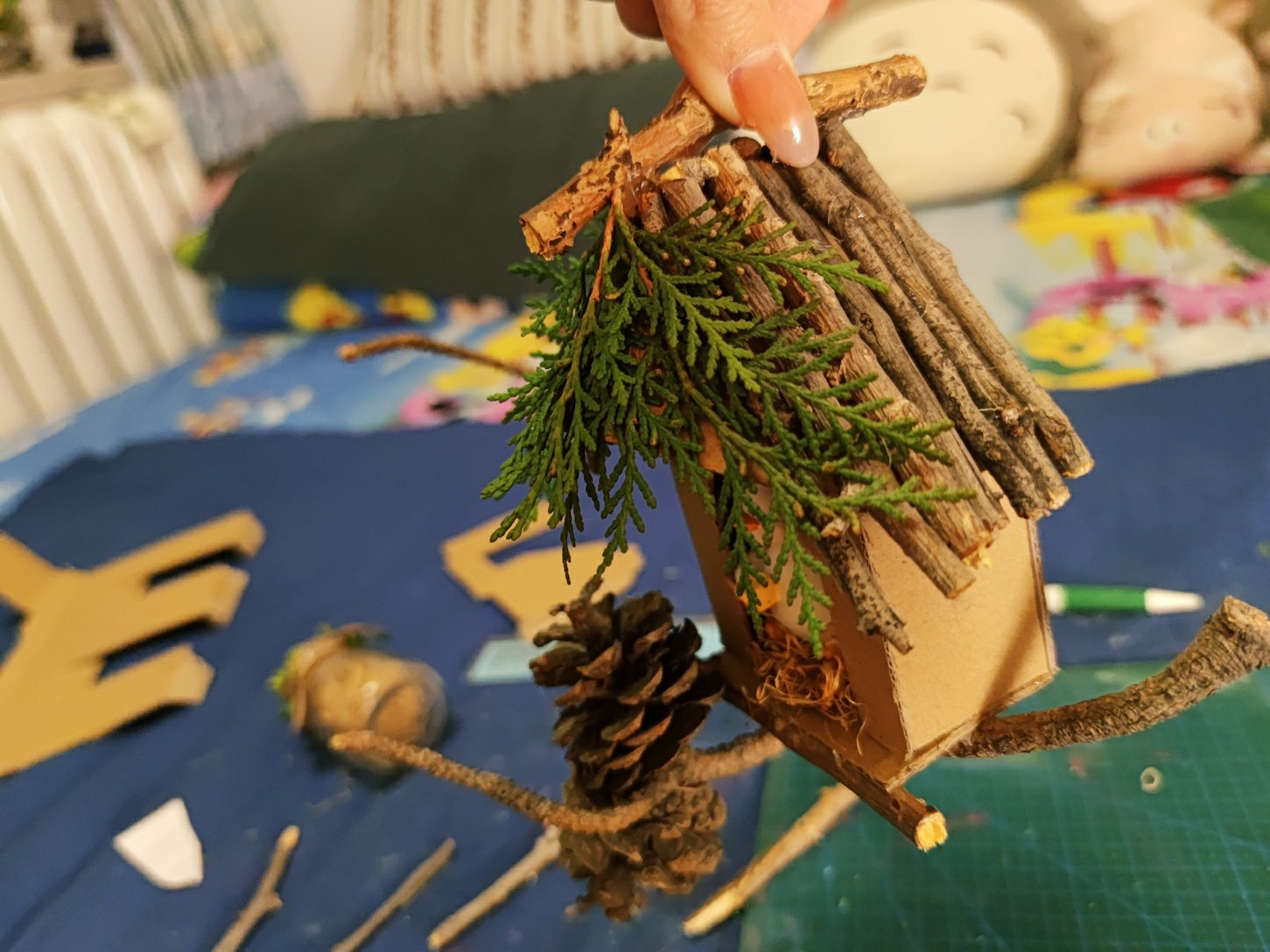diy鸟窝(附简单过程图) 捡点木条,松果,树叶,废快递盒,干草,diy一个小