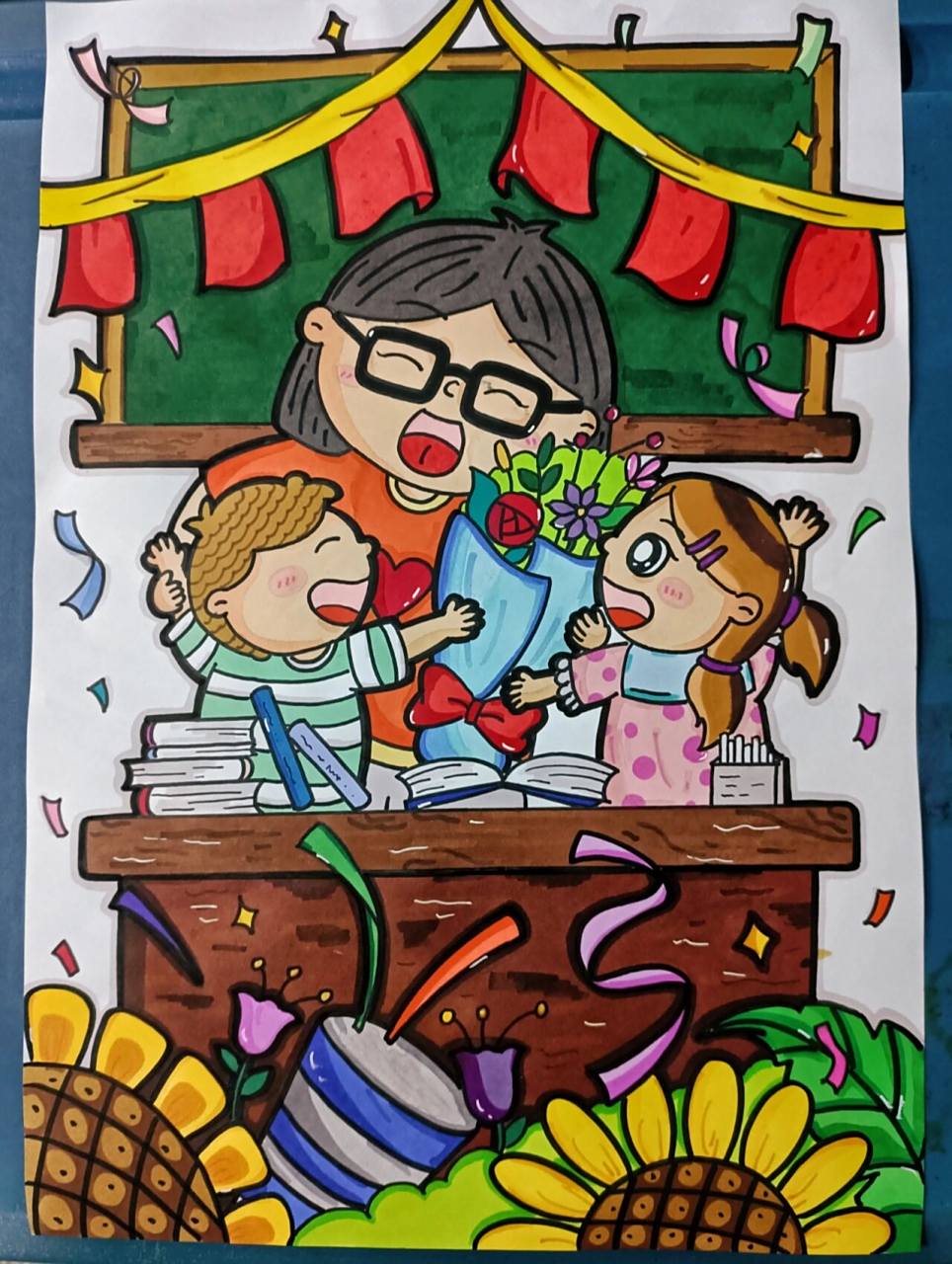 幼儿主题画:师德 材料7315:樱花勾线笔77touch马克笔77高光笔