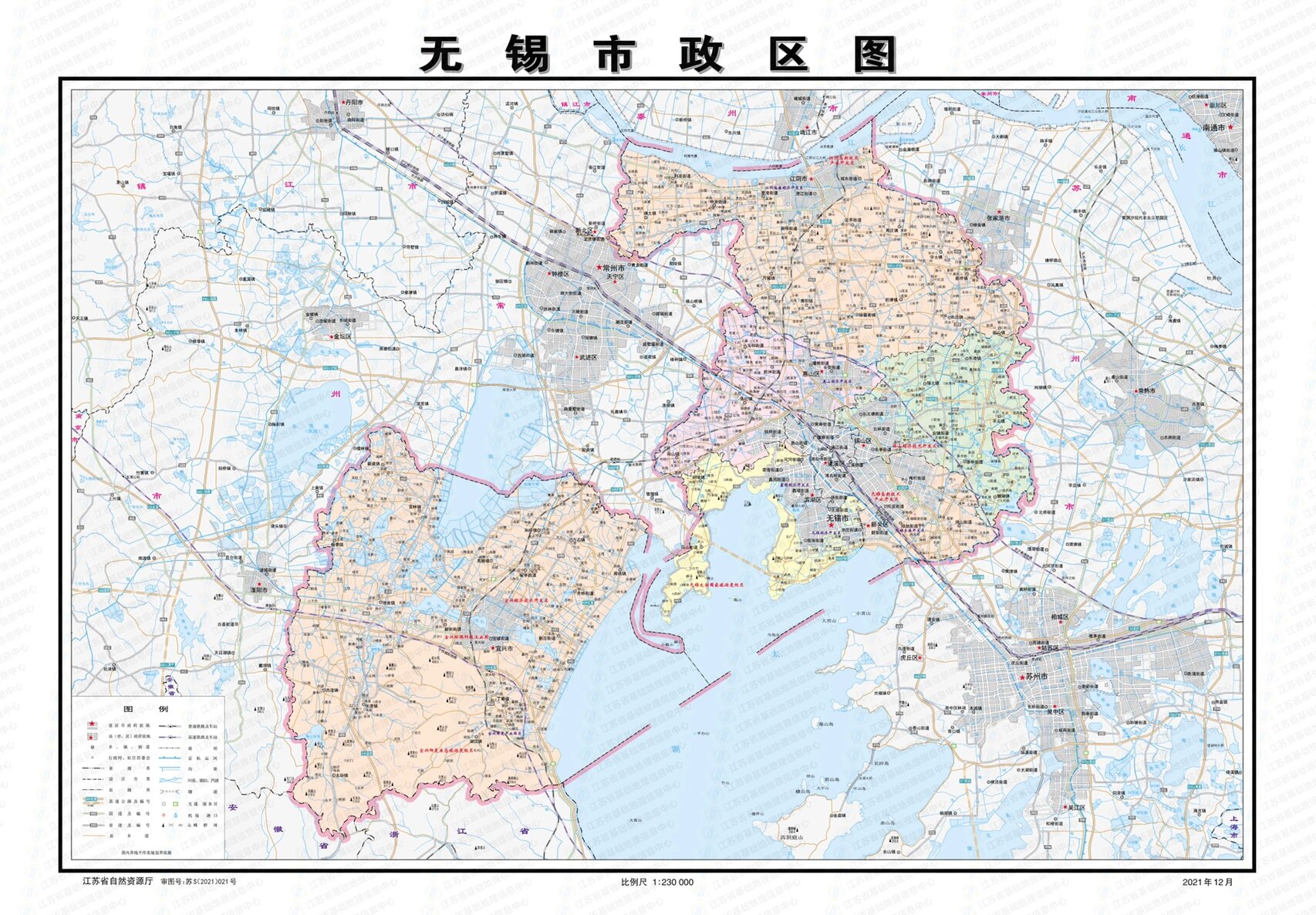 苏b江苏省无锡市5区2市行政区划图 1无锡市 2锡山区 3惠山区 4滨湖区