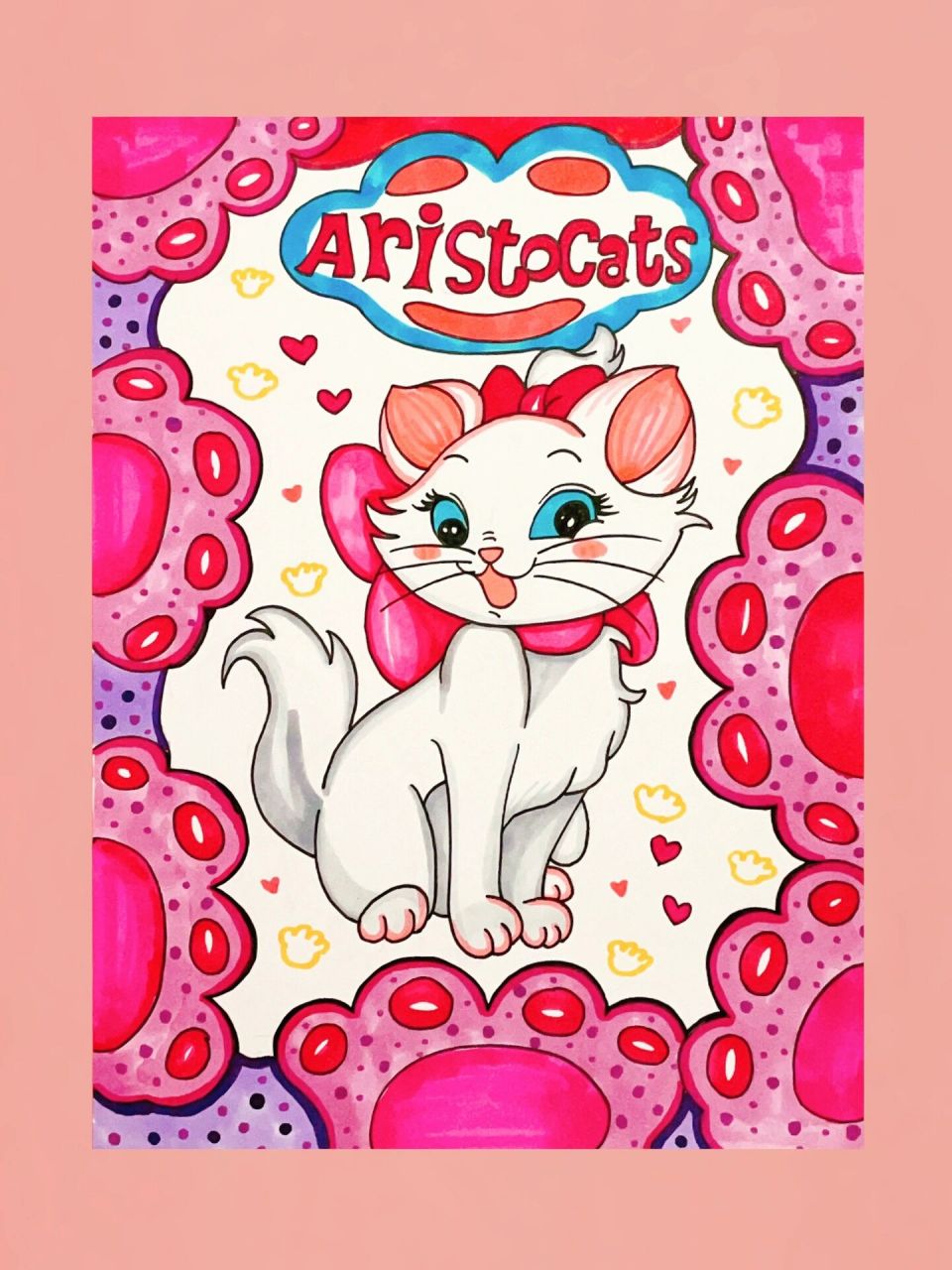 玛丽猫简笔画|儿童创意画 背景结合了猫咪的爪印符号,重复变化