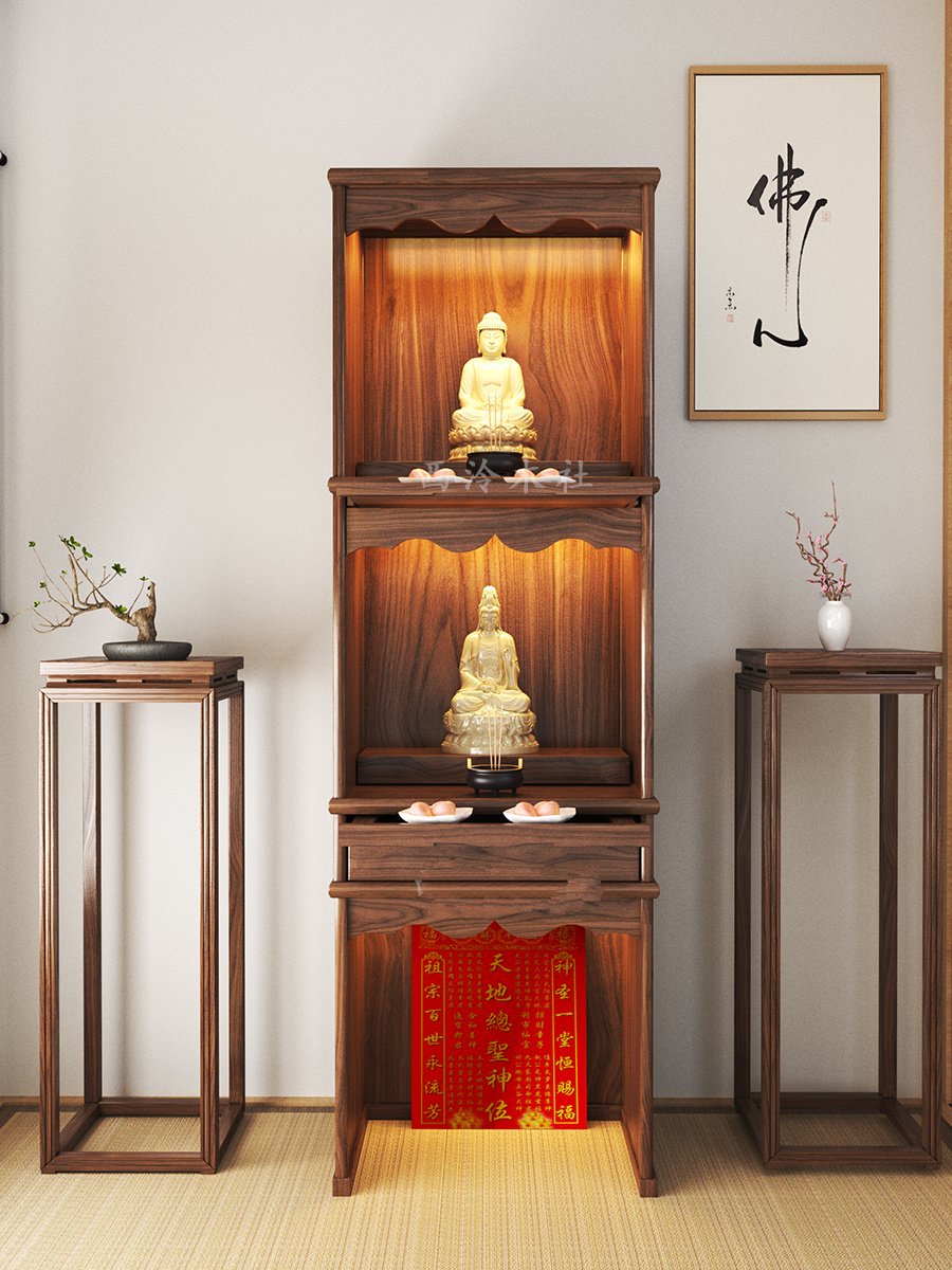 新中式佛龛 三层空间摆放佛像,贡品等,底柜可摆放地主牌位,移动佛座可