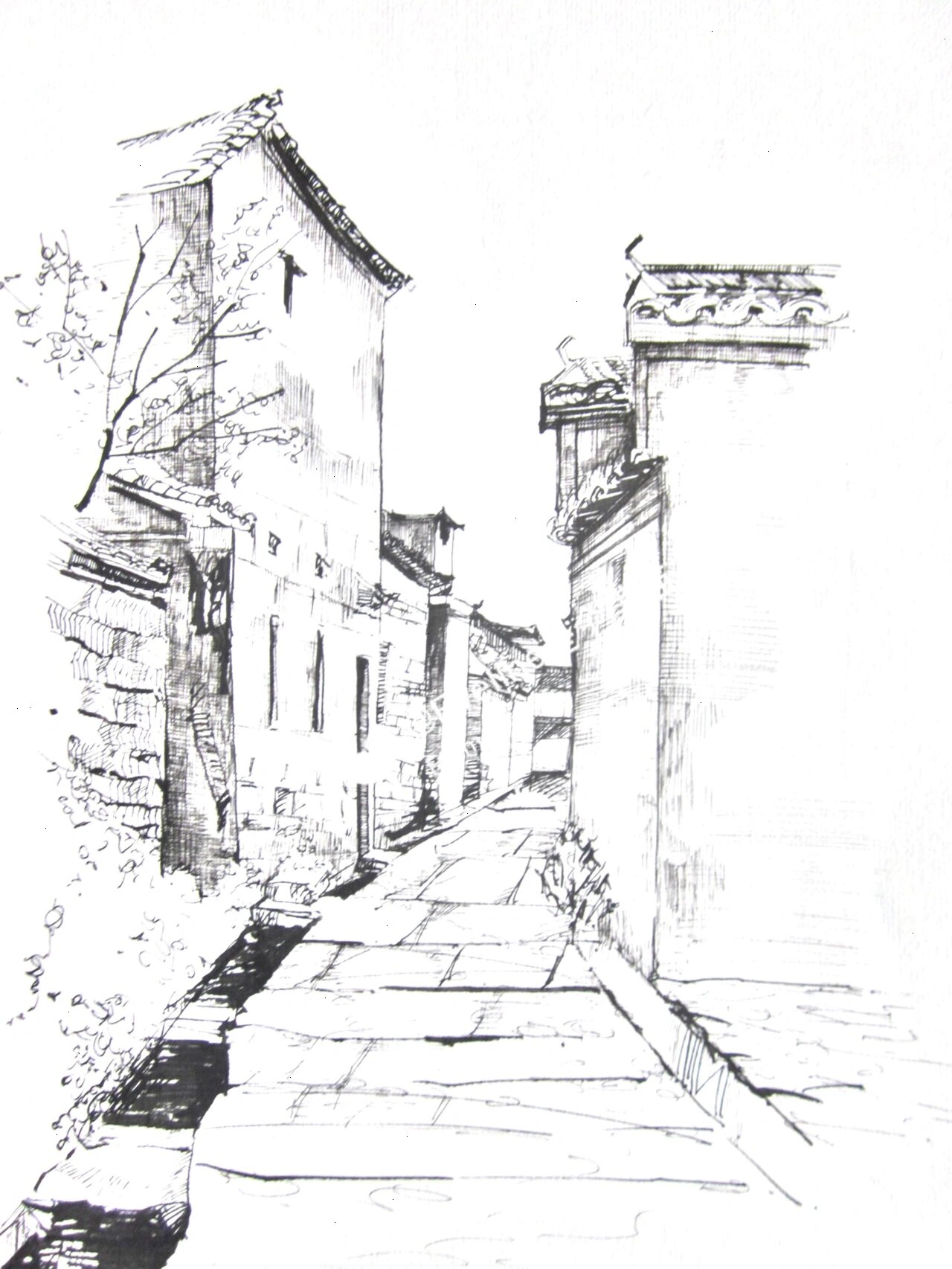 钢笔画宏村西递写生