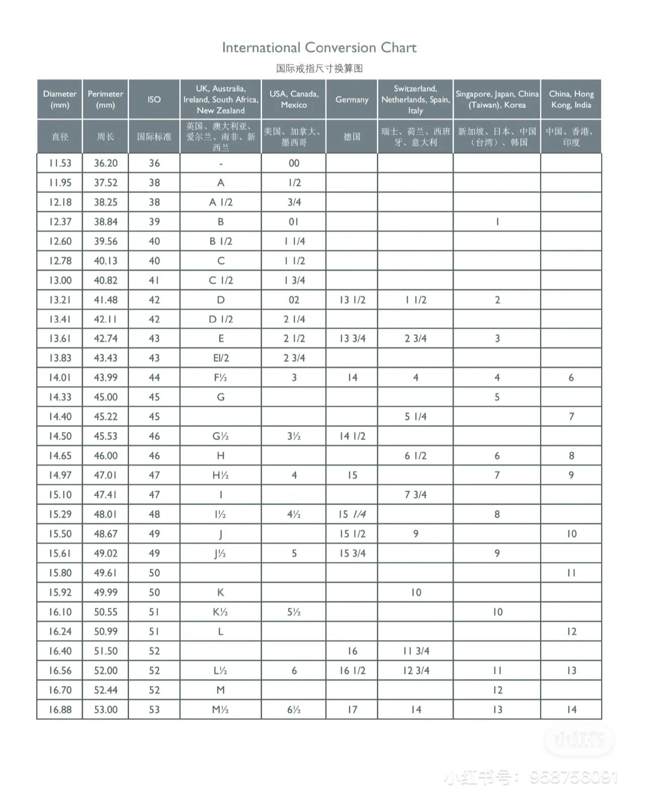 美国戒指号码对照表图片