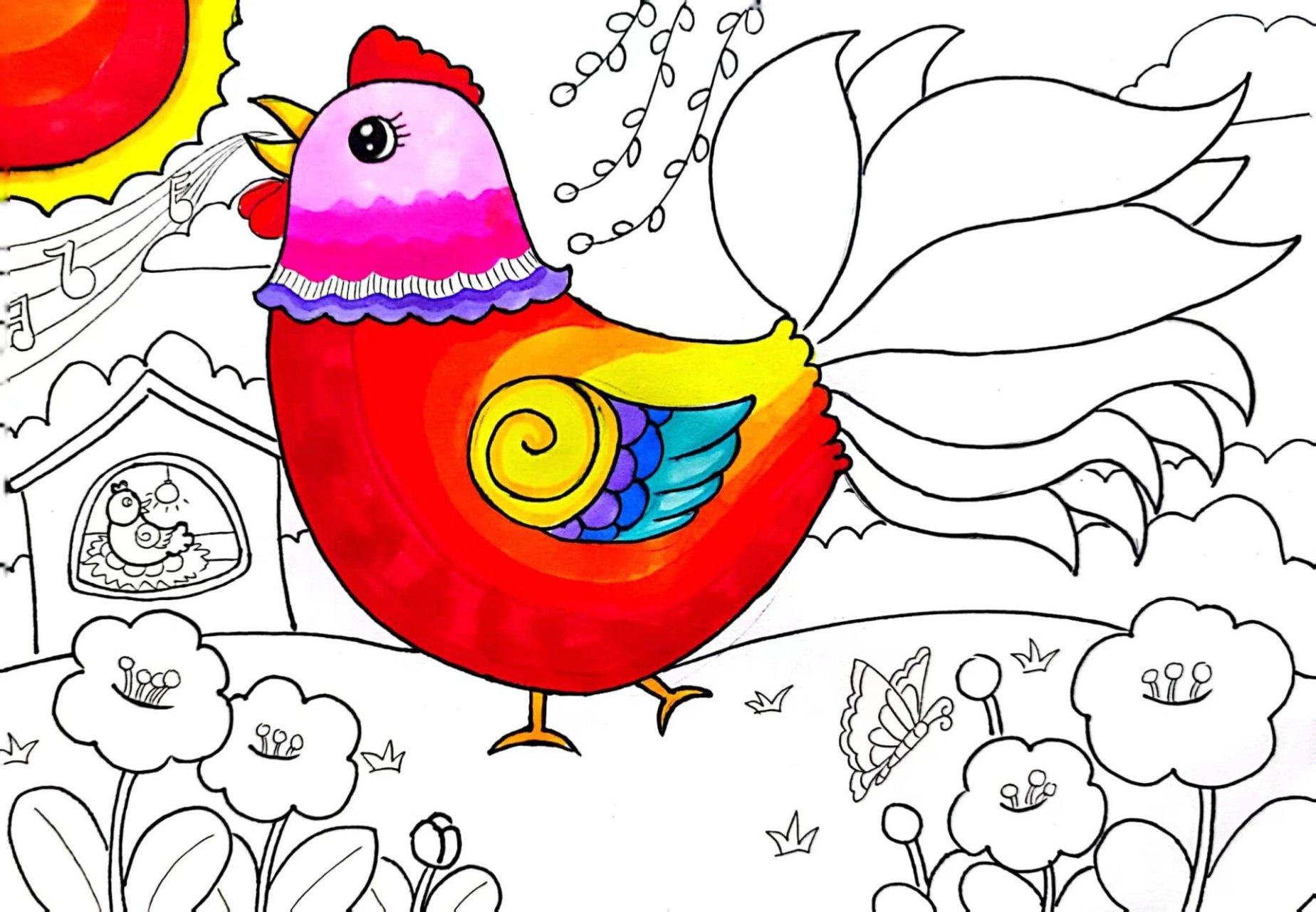 7-8岁马克笔儿童画《美丽的大公鸡》 同款课件作品左下方链接购买即可