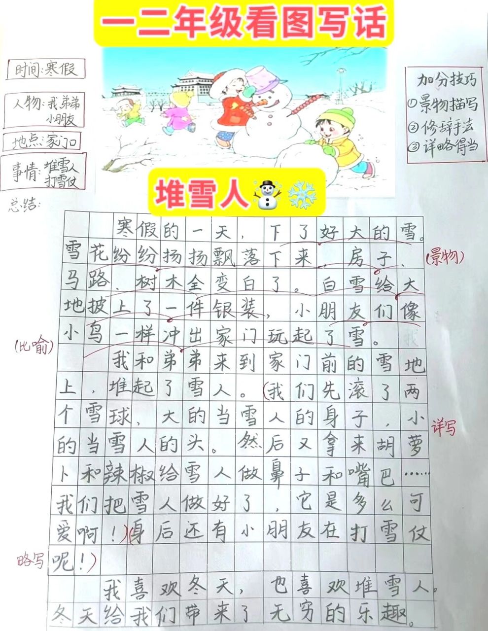 看图写话|《堆雪人》99 时间:寒假73 人物:我,弟弟,小朋友73