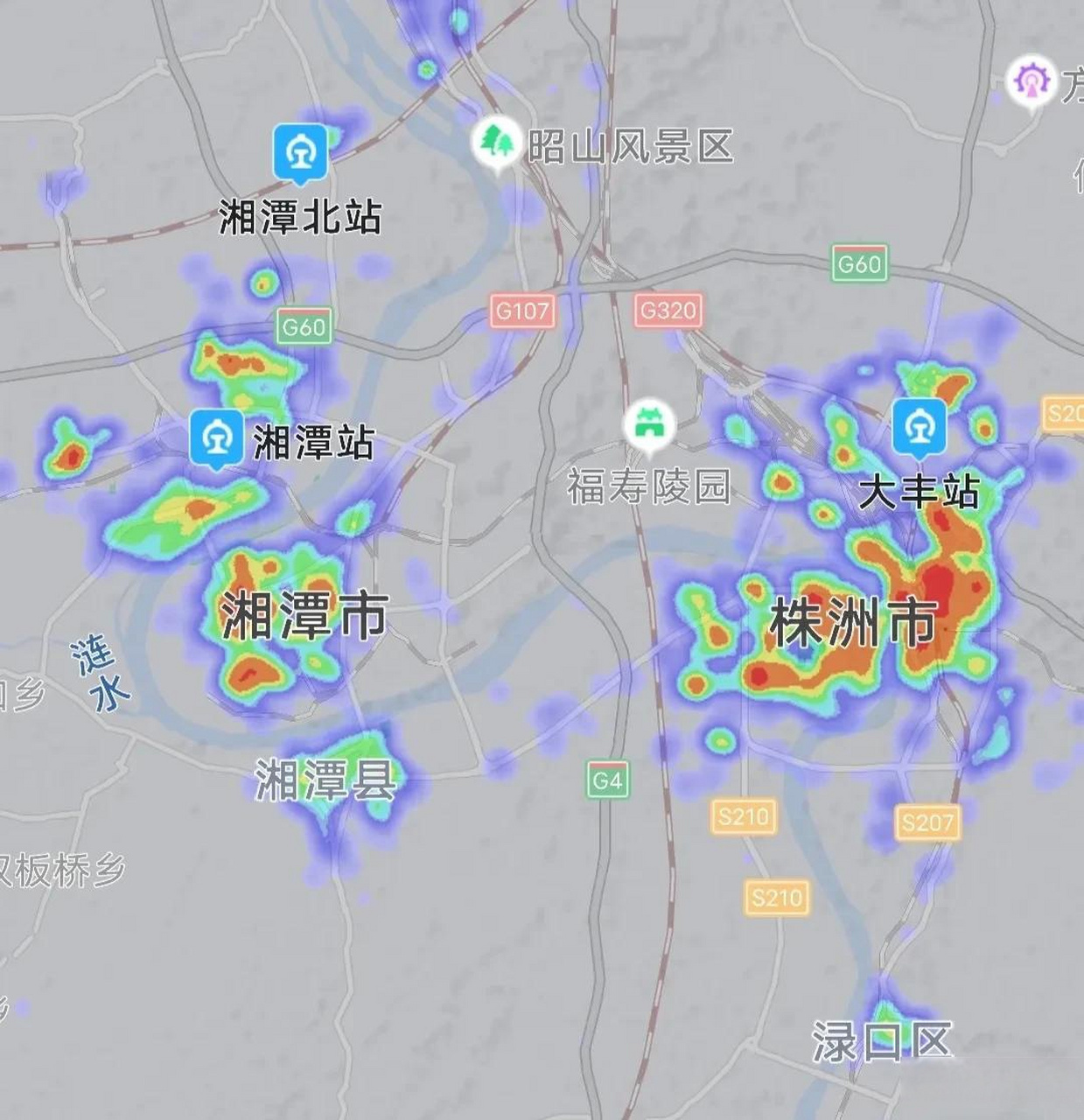 株洲湘潭热力图对比,晚上22:55分相同比例尺下我们看看两座城市有何不