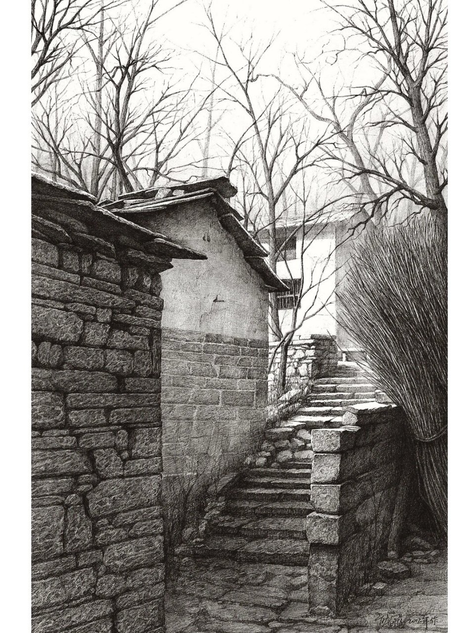 素描《太行山的石房子》之三,钢笔画,尺寸2k.