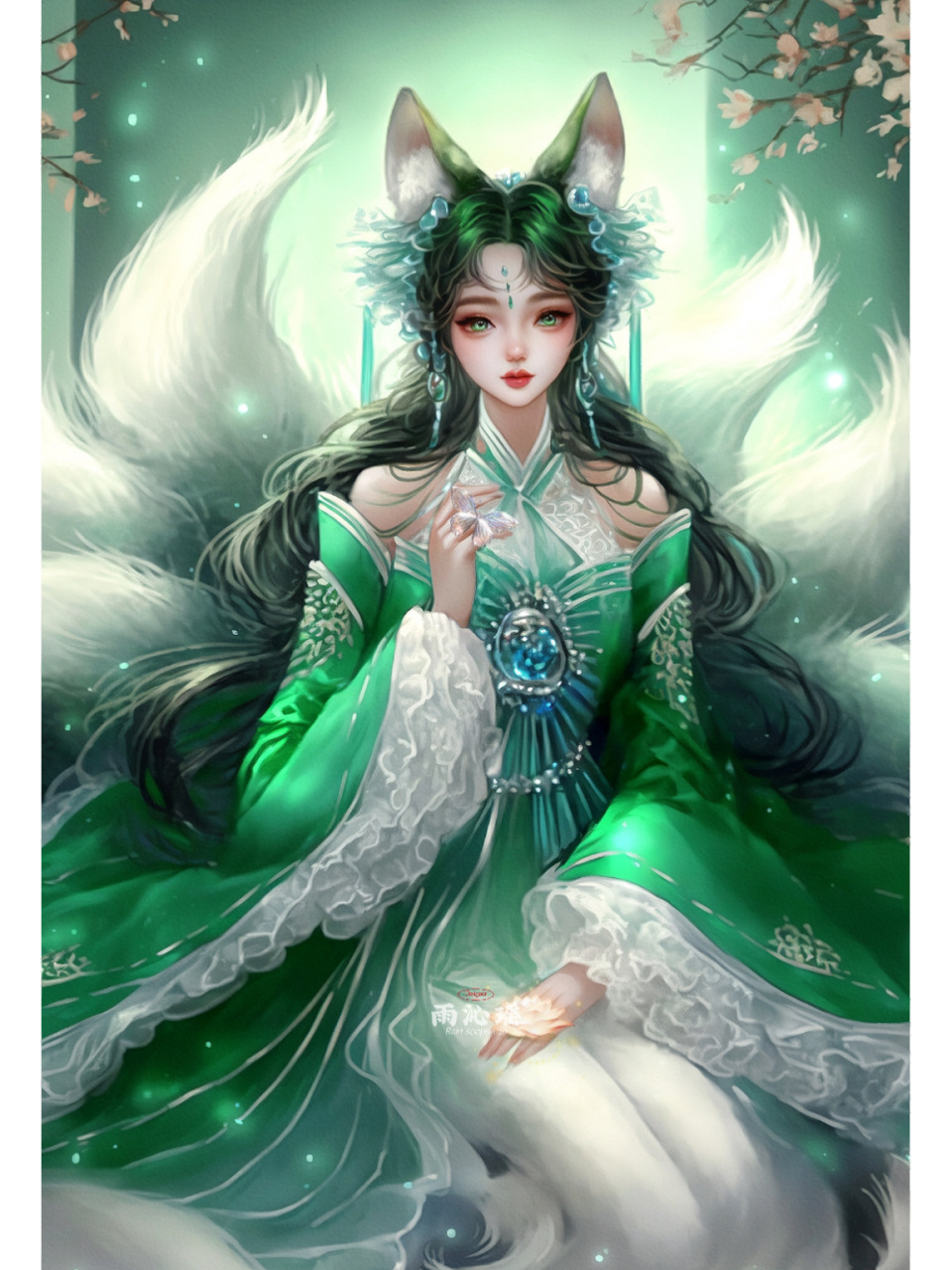 【ai绘画】78狐仙之三尾灵狐 绿色的九尾狐,亦称三尾灵狐,狐仙级别