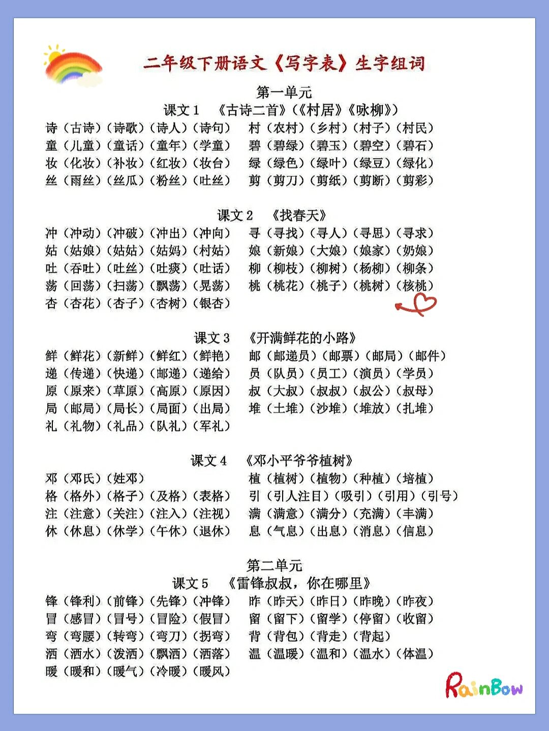 二年级下册语文《写字表》生字组词