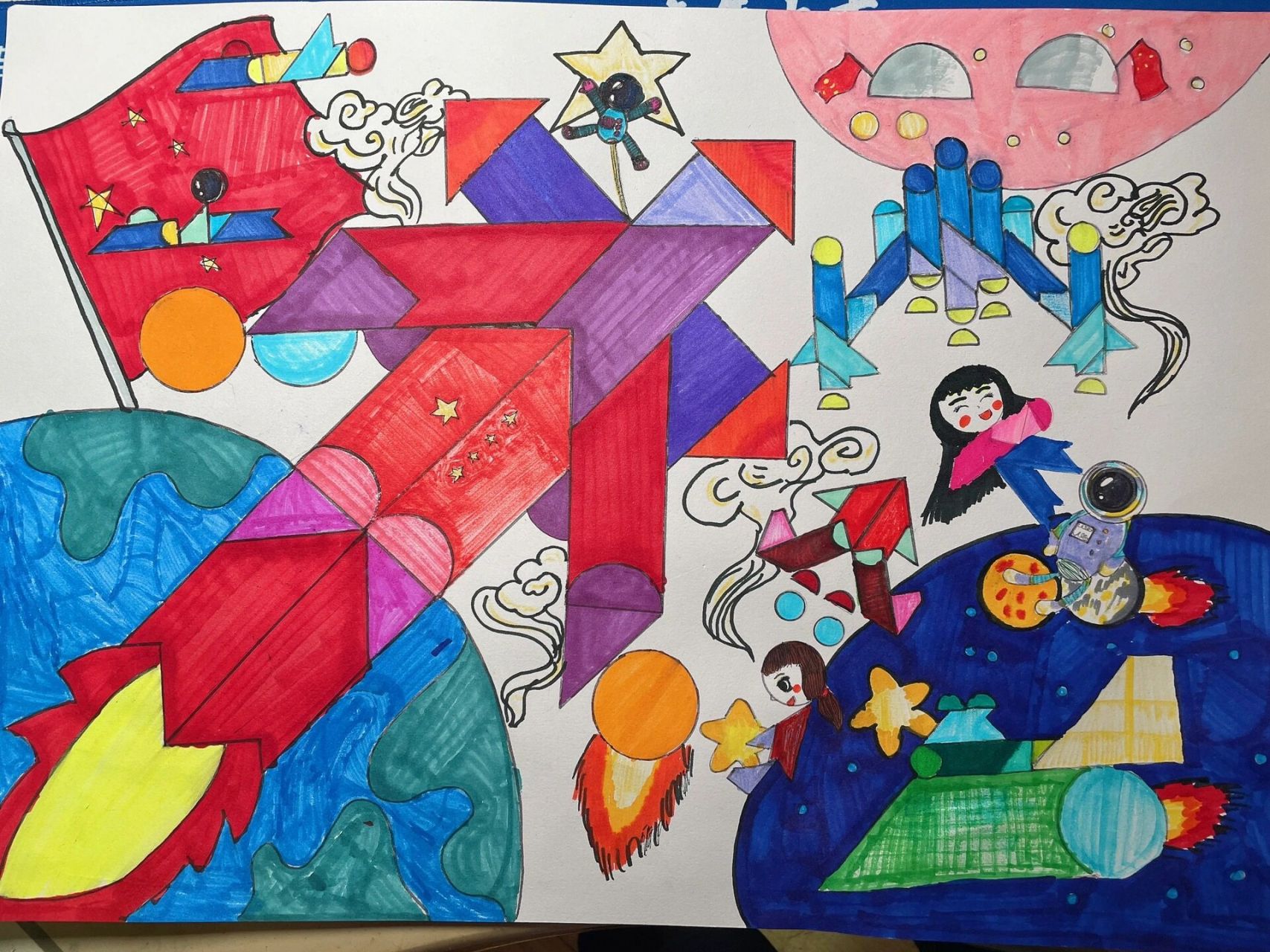 小学生科技梦想七巧板画 非原创,东拼西凑加点原创.