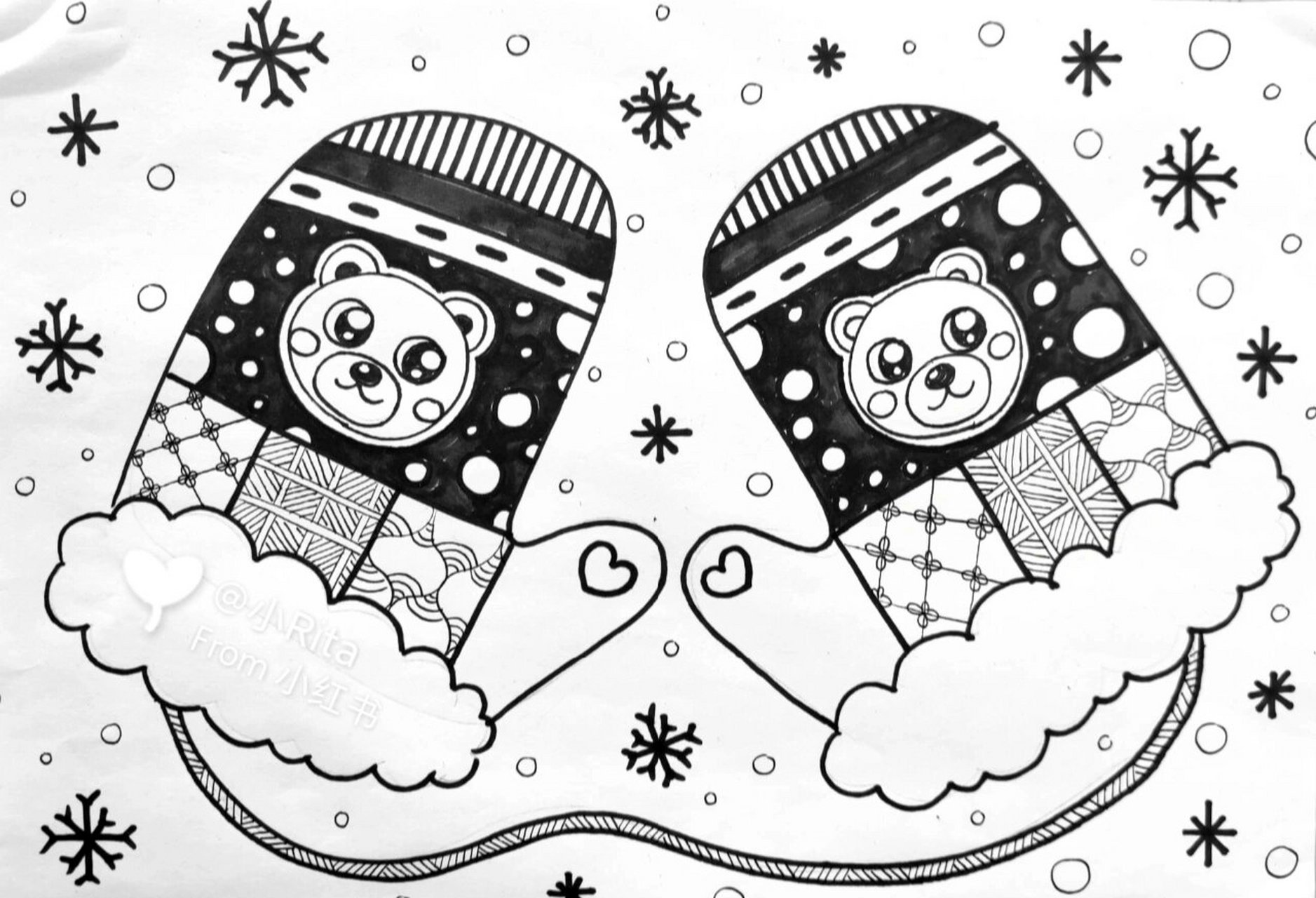 儿童画|创意美术96线描手套(6-7岁) 线描冬天的手套 适合6-7岁左右