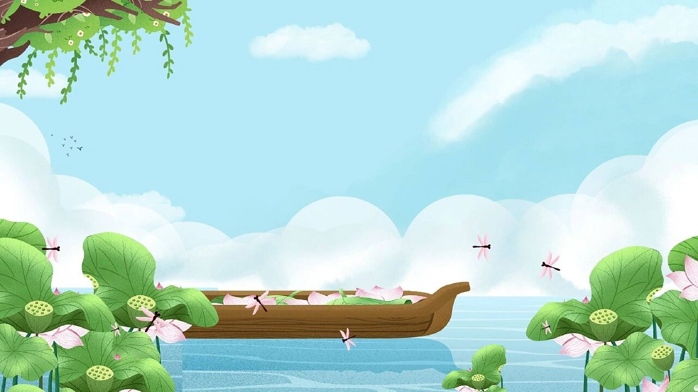 国潮风夏日荷花横屏展板|手绘插画背景图 90哈喽,各位宝子晚上好