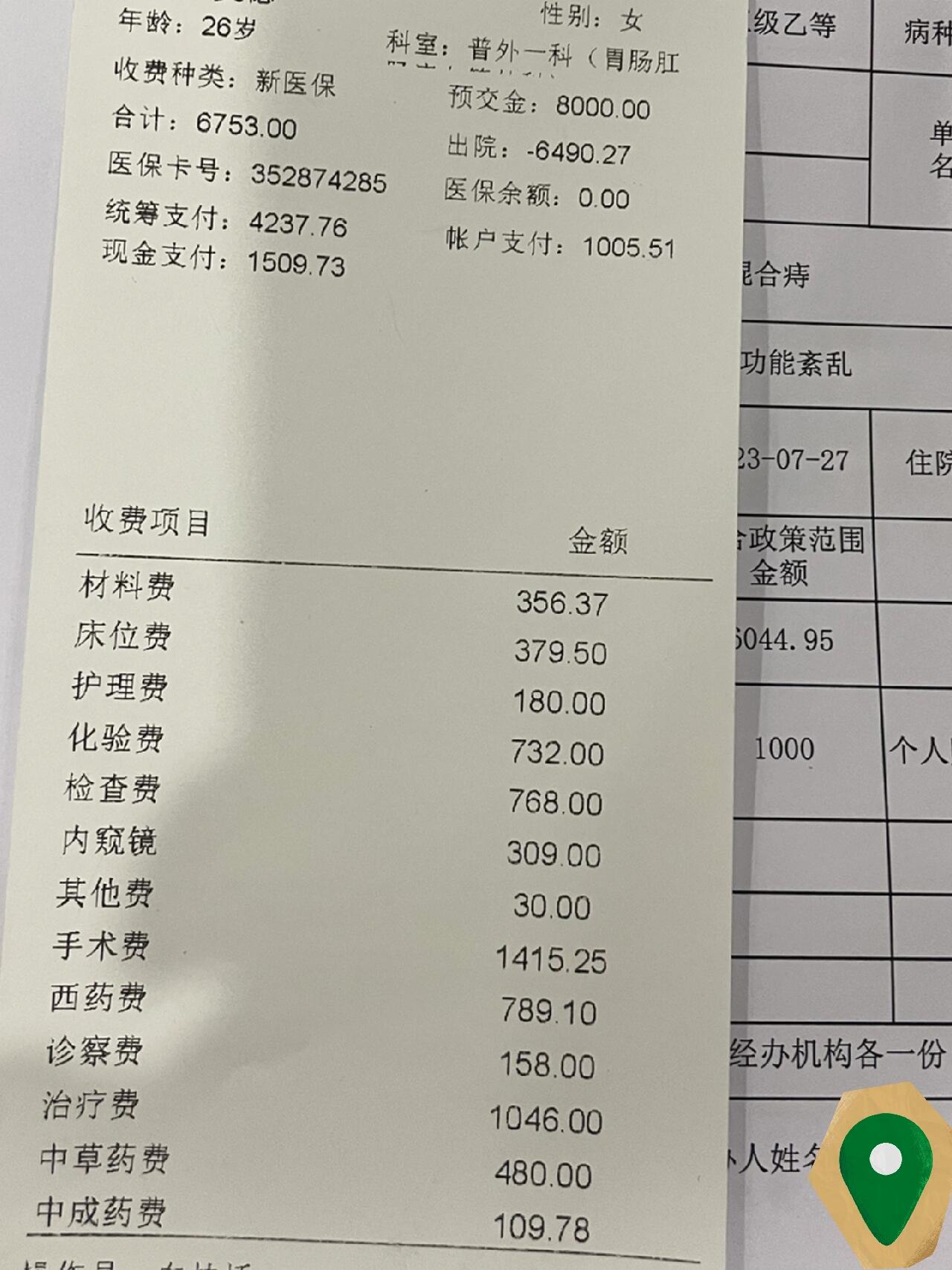 痔疮手术出院了,给大家看一下费用