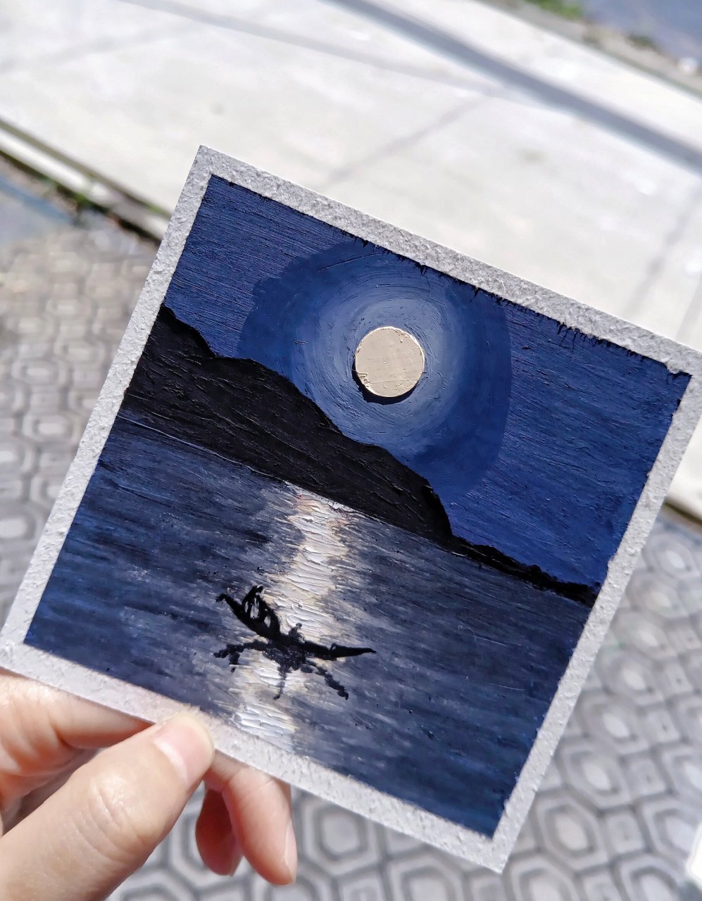 油画棒绘画风景画——月下小船 今夜的梦 带你坐上月亮小船 去看满湖