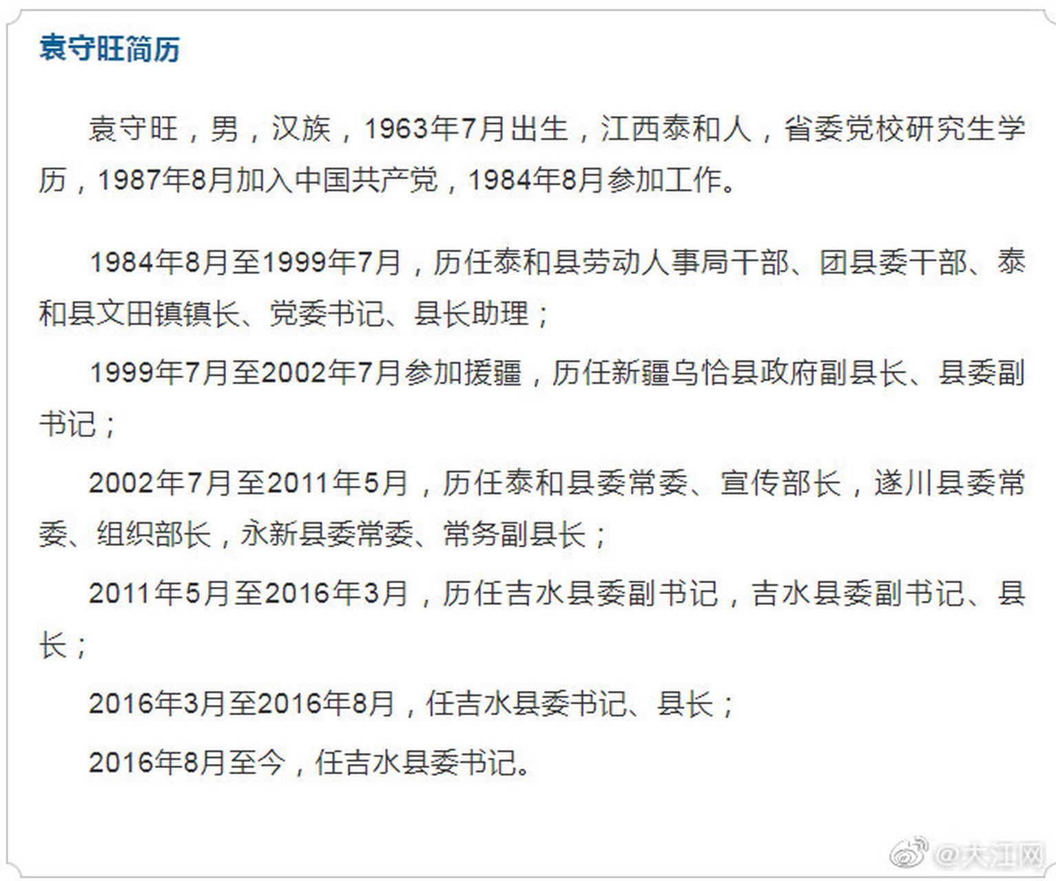 【吉水县委书记袁守旺接受纪律审查和监察调查】吉水县委书记袁守旺