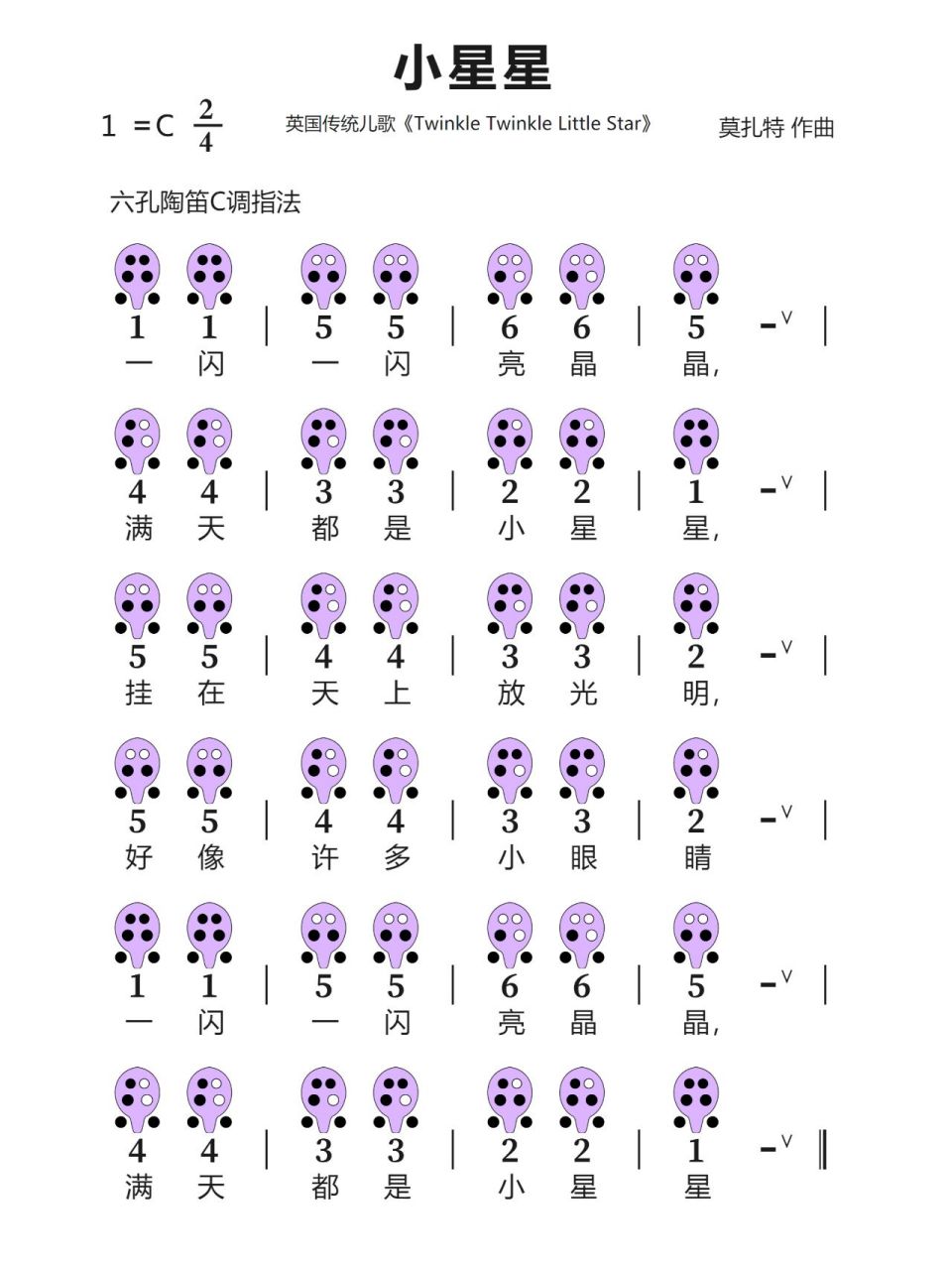 《小星星》简谱/12/6孔陶笛曲谱 欢迎一起交流陶笛心得 需要更多曲谱