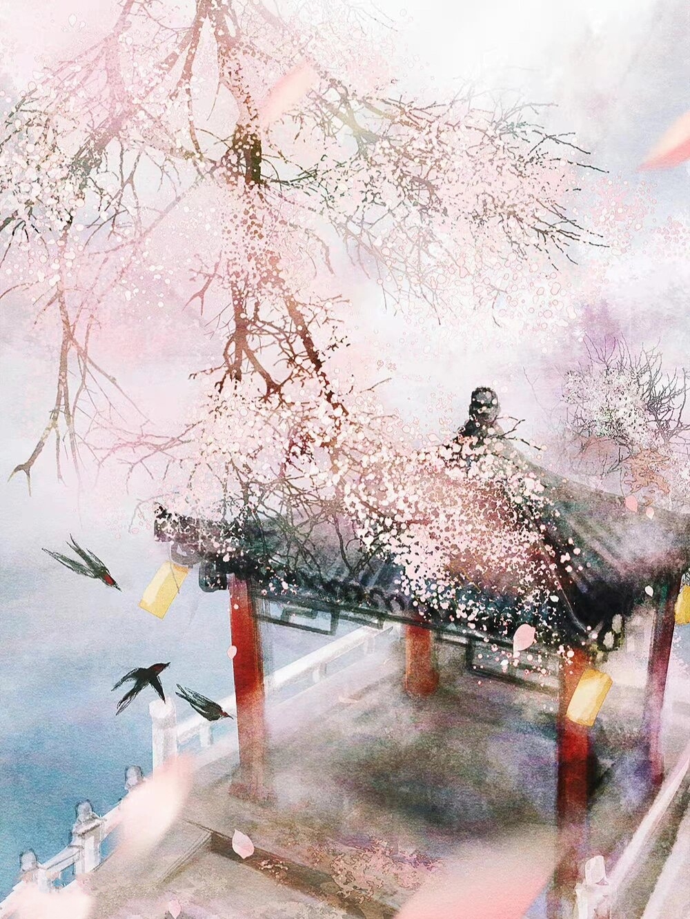 古风|插画 春花粉色红,春雾缭朦胧 古风景色手绘插画师推荐,见左下角