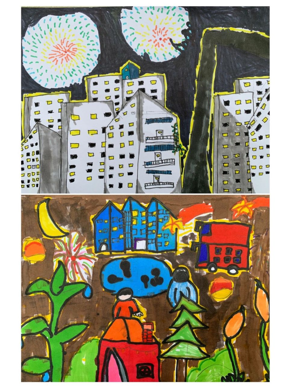 二年级·下册《画夜景》学生作品 96二下比较简单的一节课,让孩子把