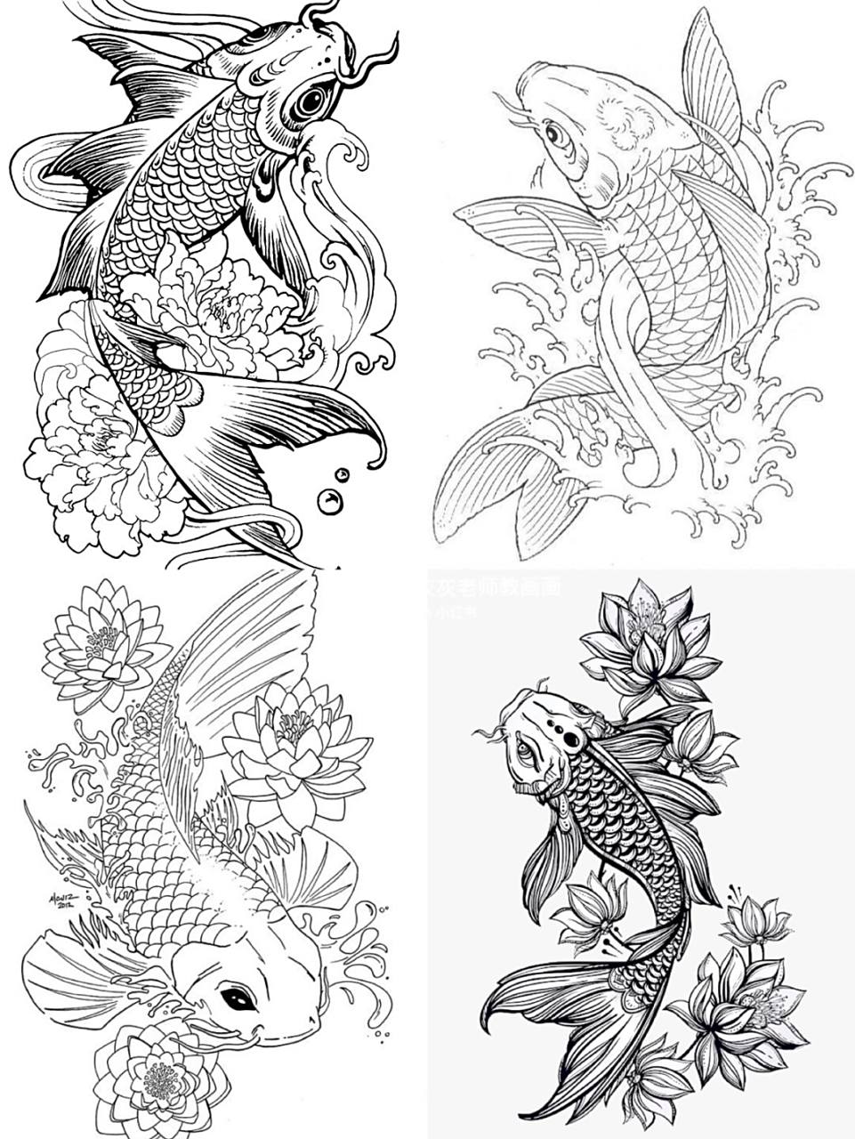 98高清创意线描临摹素材08|鲤鱼95 给大家分享一组鲤鱼线描插画