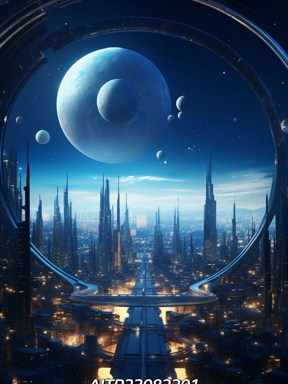 一个有隧道和月亮的未来主义星球城市,淡天蓝色和暗金色的风格,扭曲的