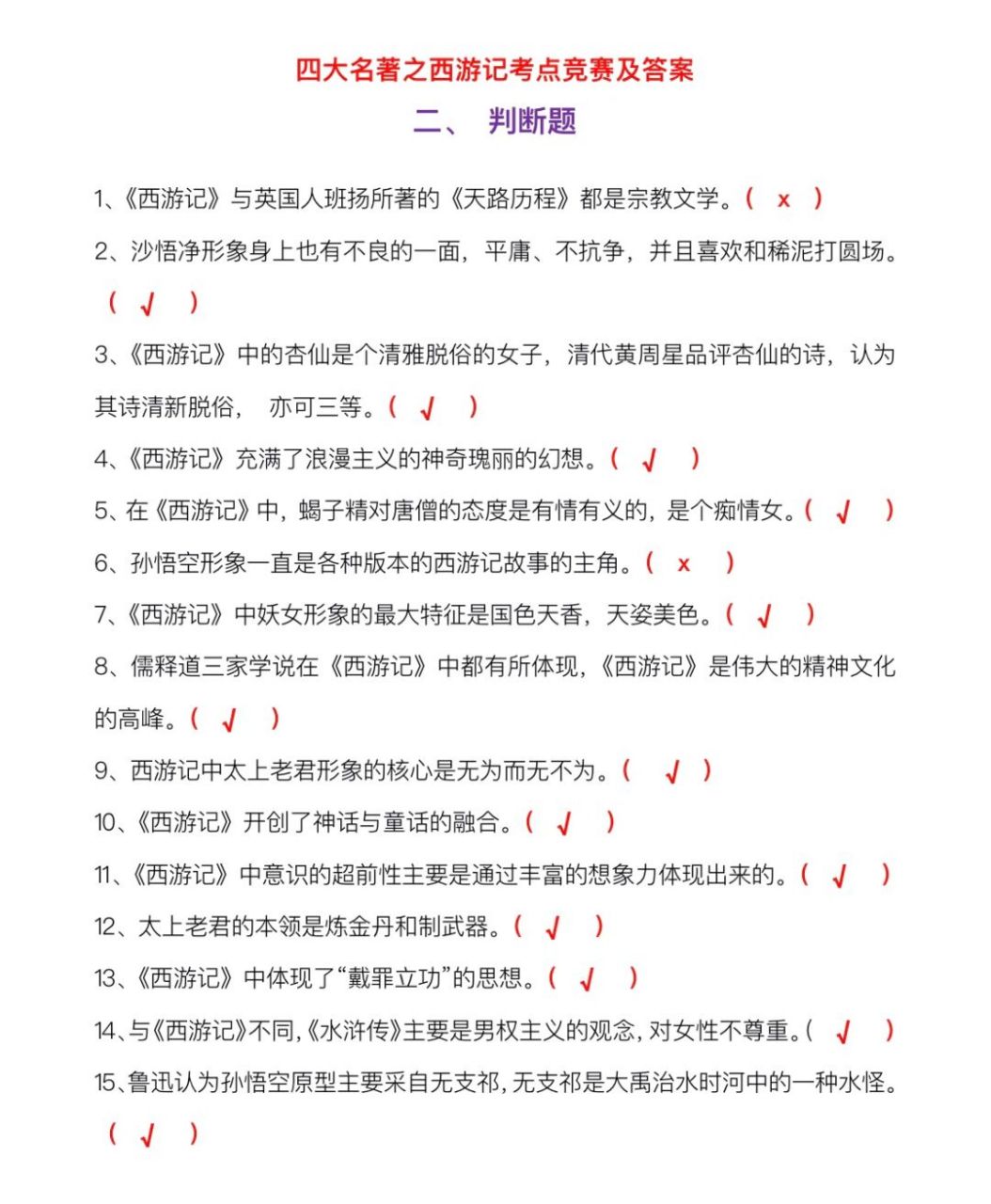 必考题6015四大名著之西游记考点竞赛判断题 西游记考点竞赛及