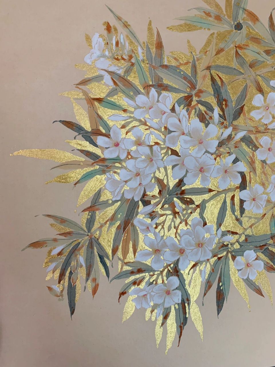 国画 夹竹桃78挥金如铁画法 写生白色夹竹桃系列第二幅作品 用金色