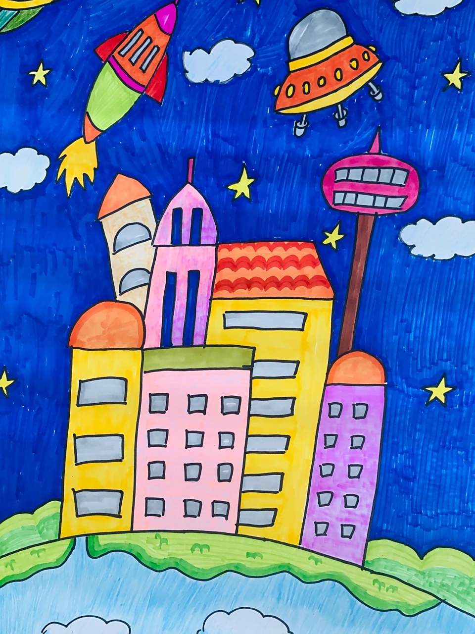 95一年级美术95科技节绘画96作品 孩子们交上来的绘画作品色彩